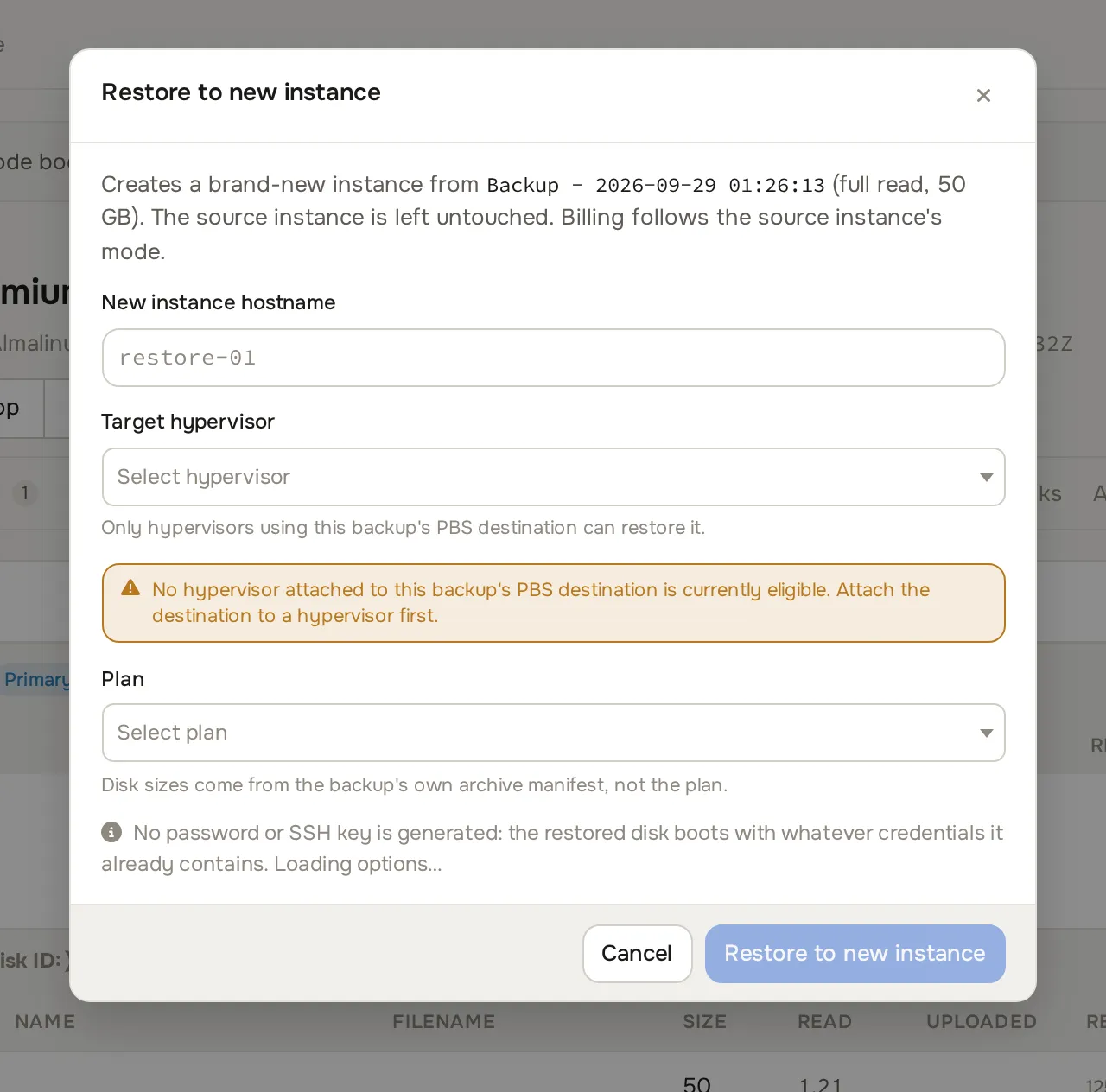 Restore to new instance dialog, target hypervisor picker with a PBS backup selected