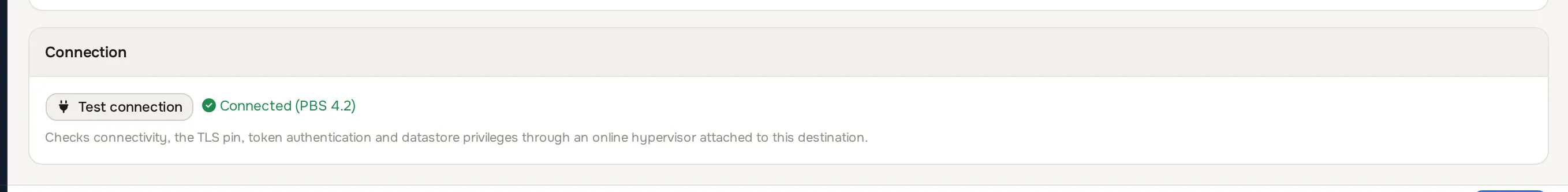 destination row showing a passing connection test