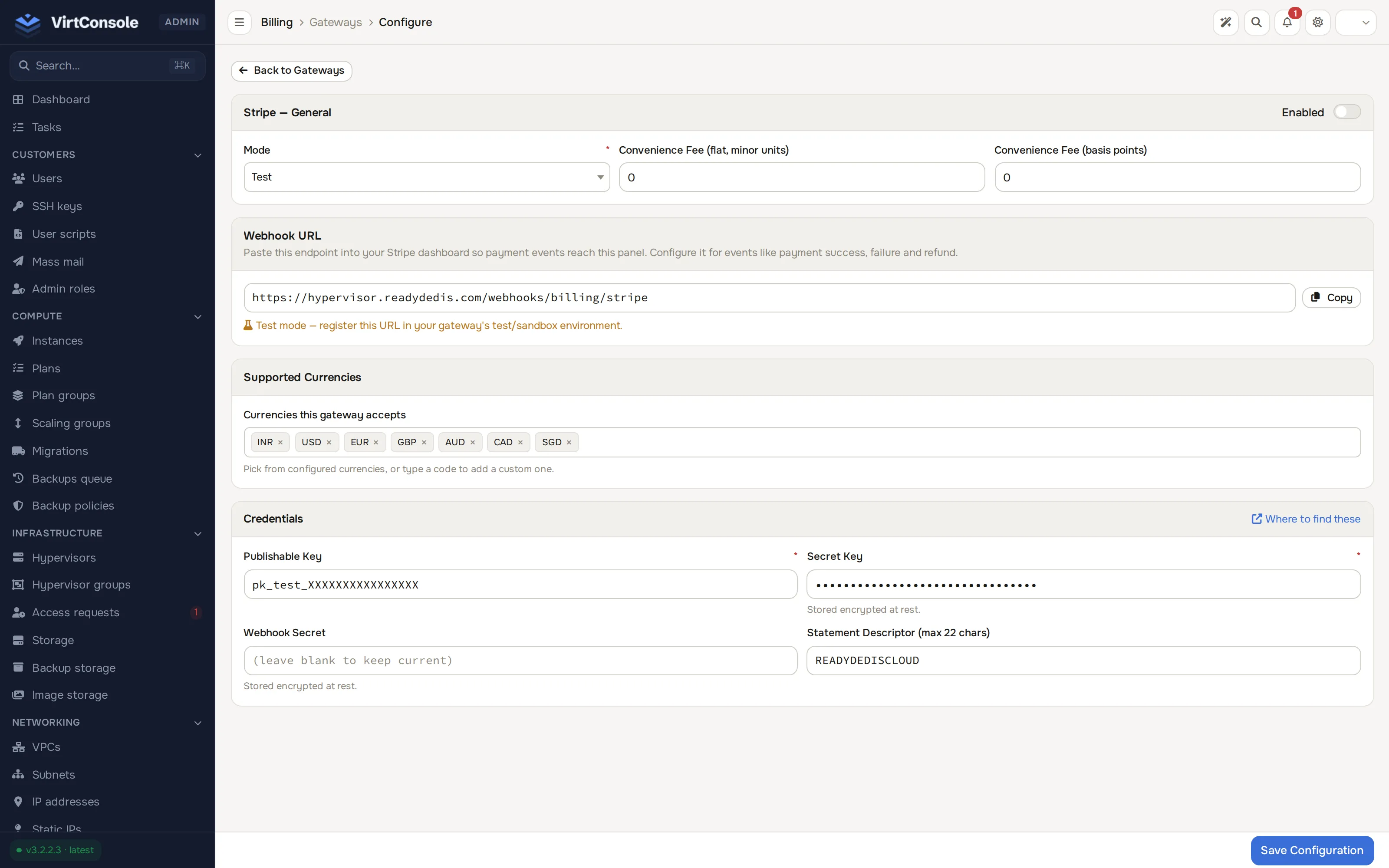 Stripe gateway settings