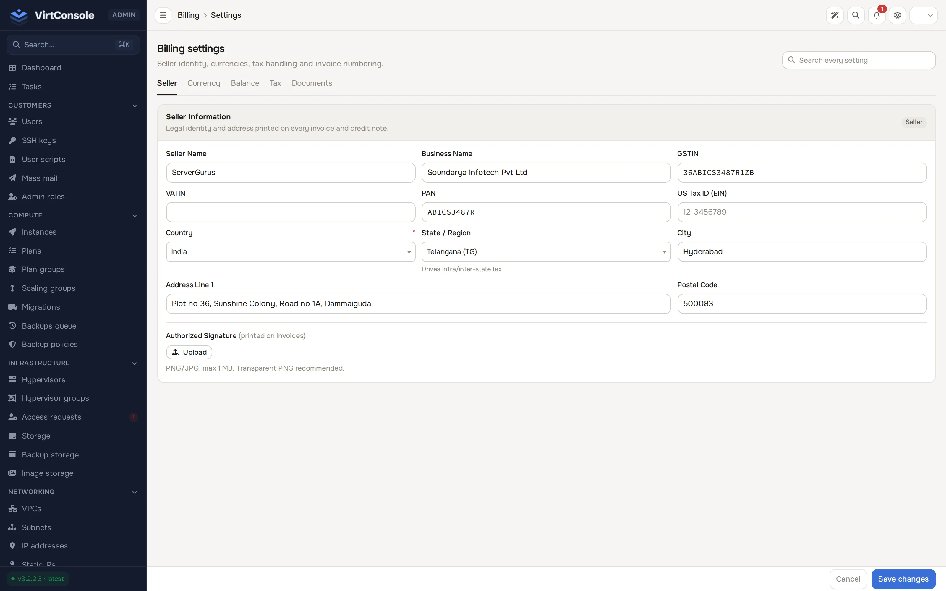 Billing settings page