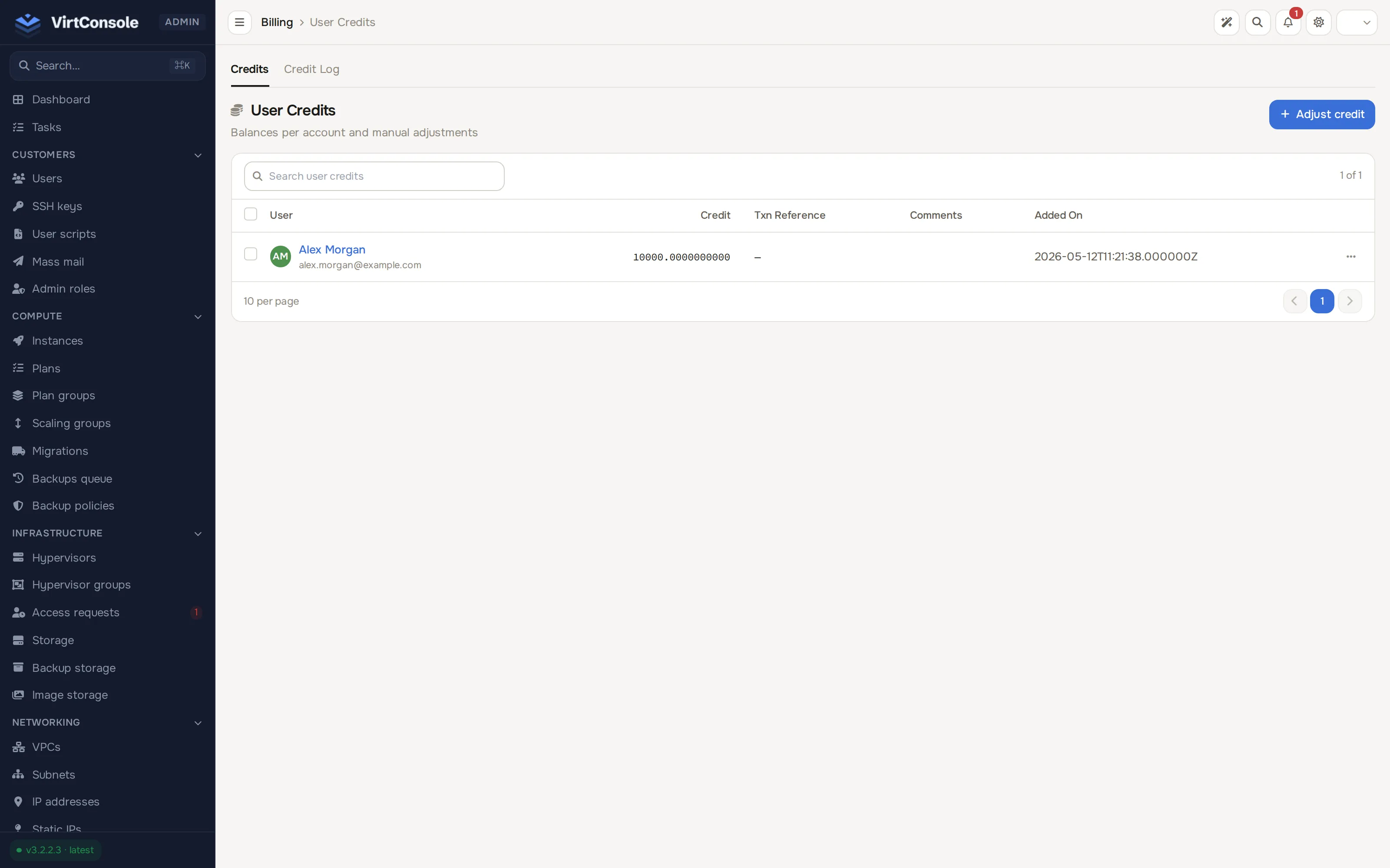 User credits list