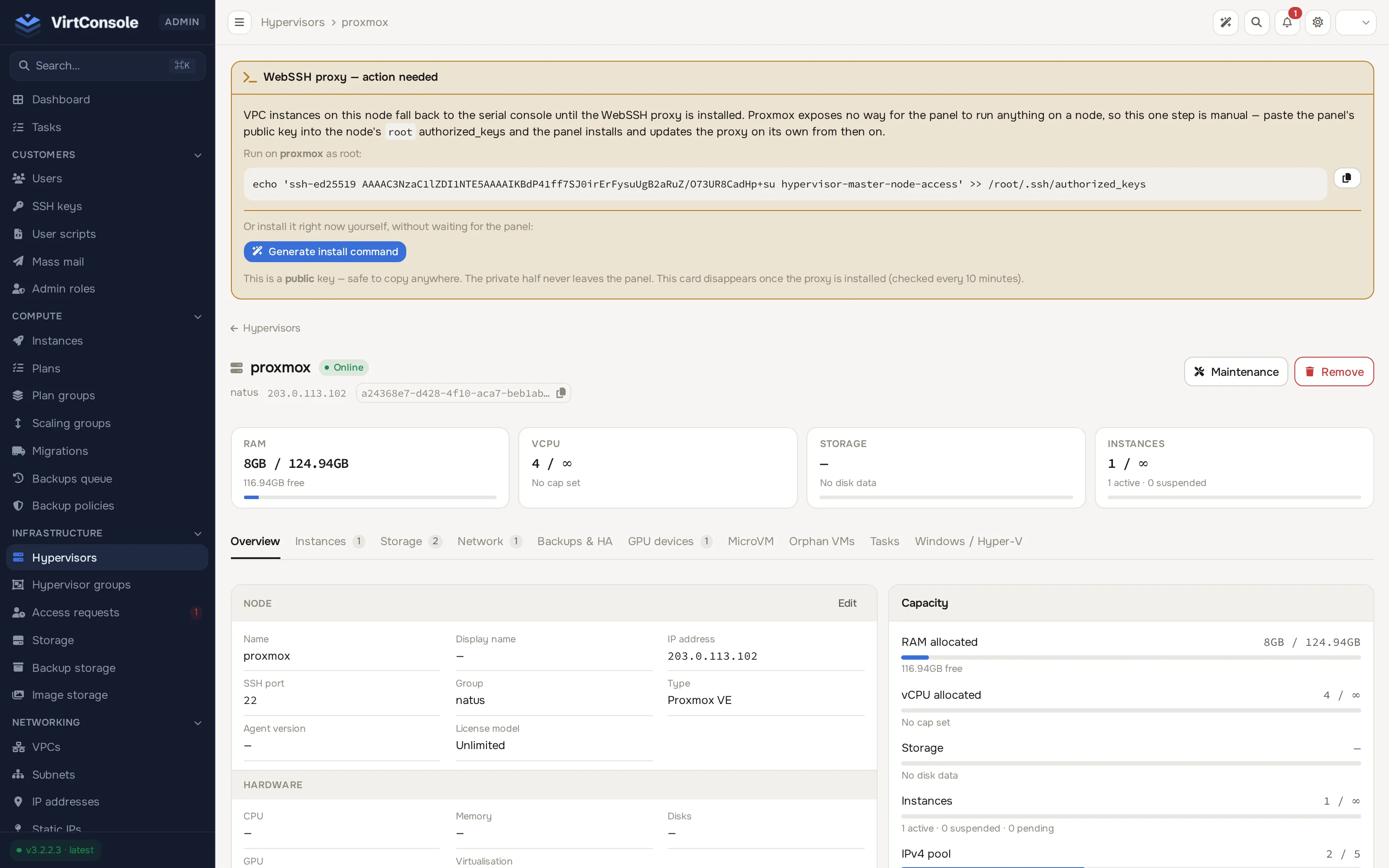 Hypervisor management page
