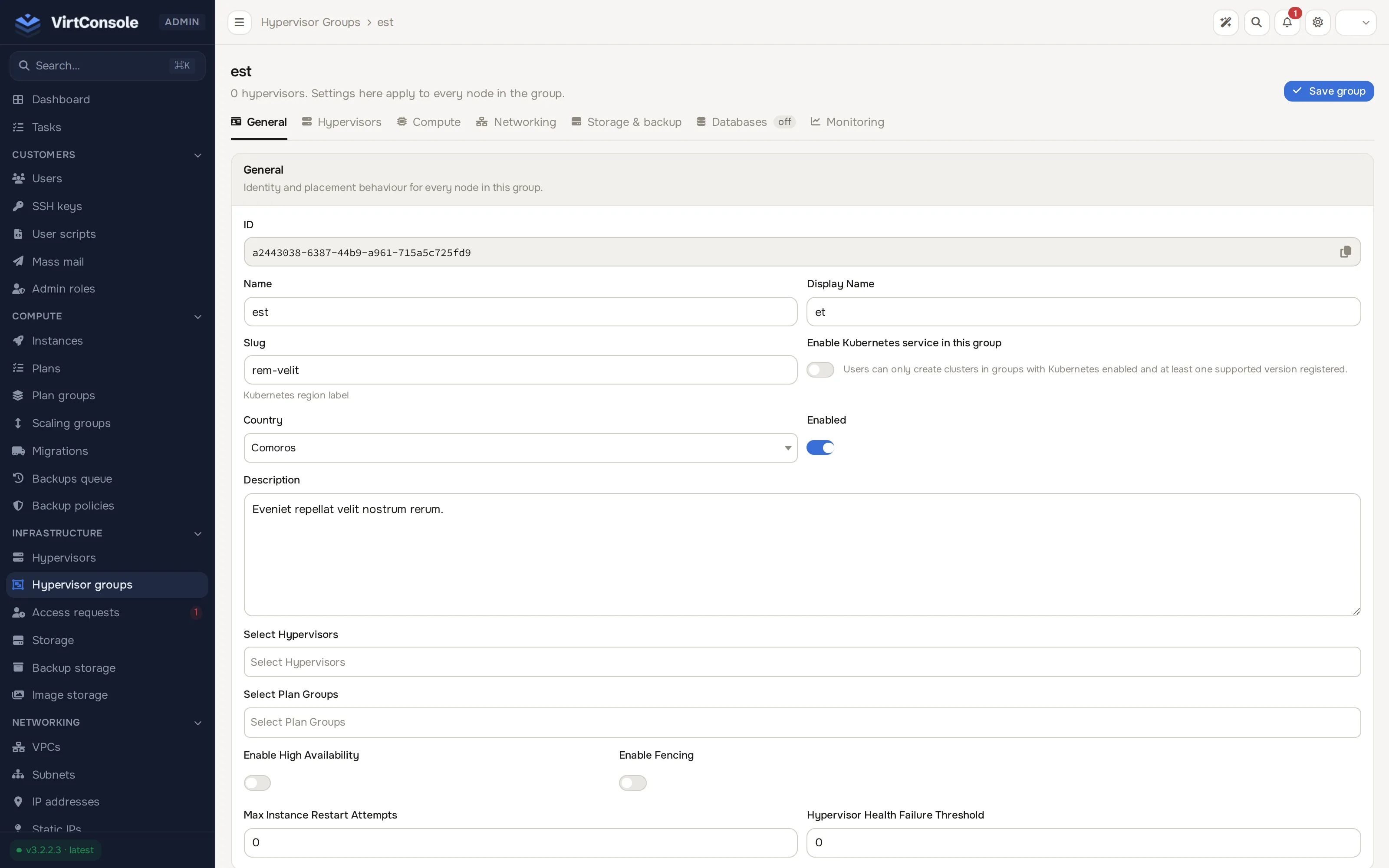 Hypervisor group detail page