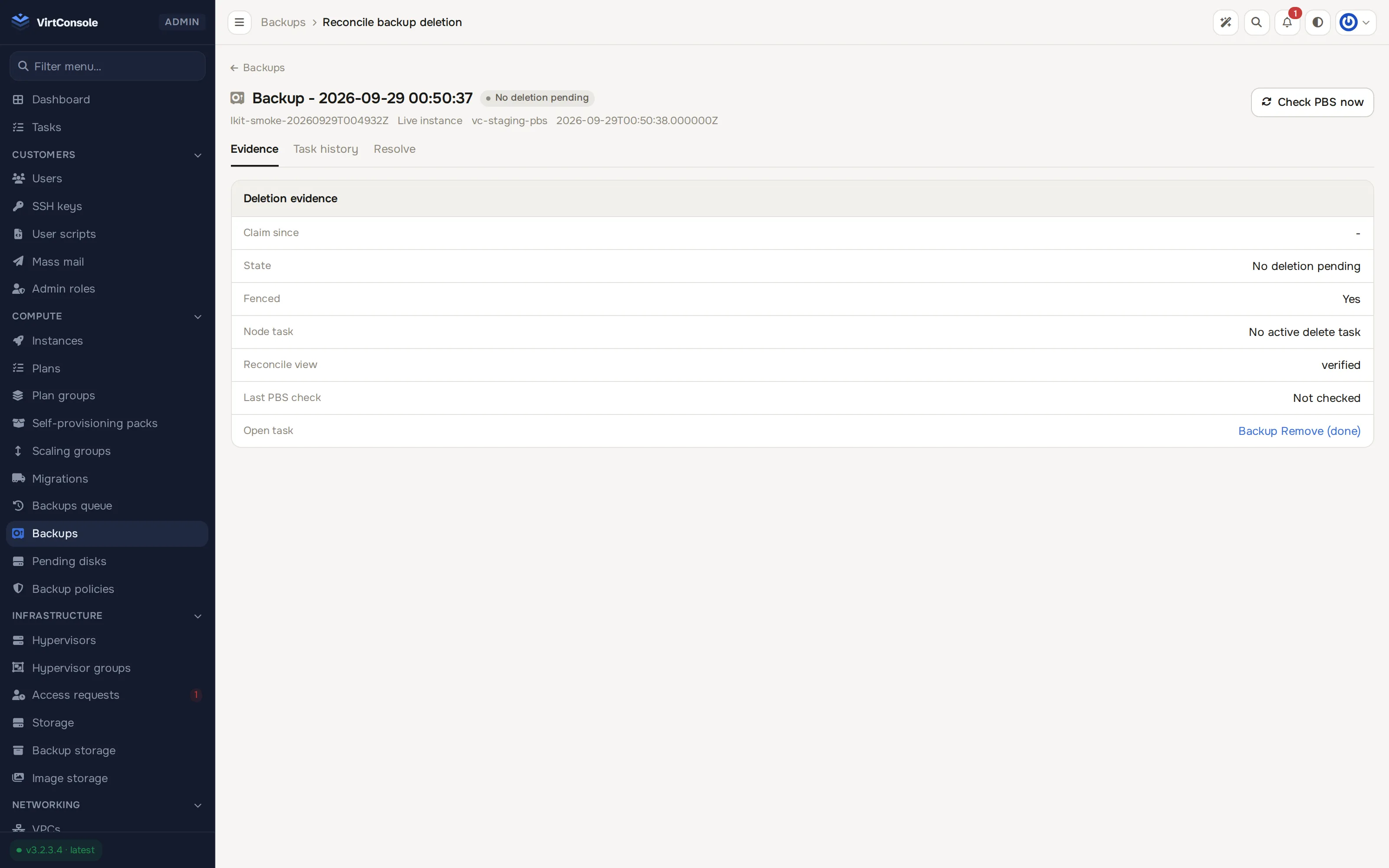Reconcile backup deletion page, Evidence tab