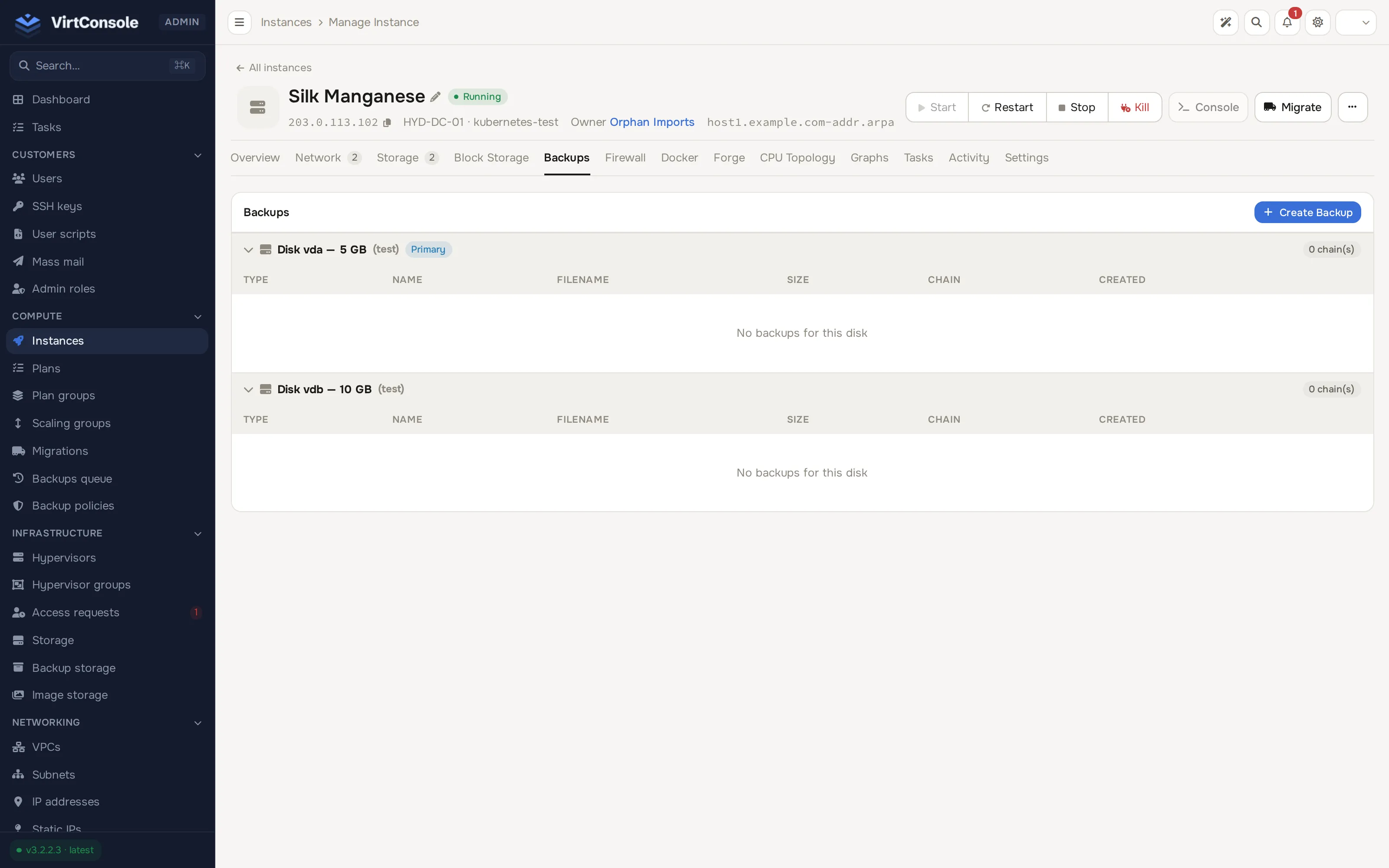 Instance manage page, Backups tab