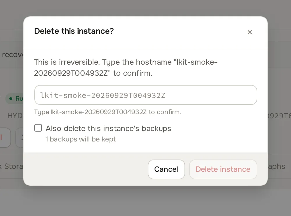 Admin instance destroy dialog with the delete-backups checkbox