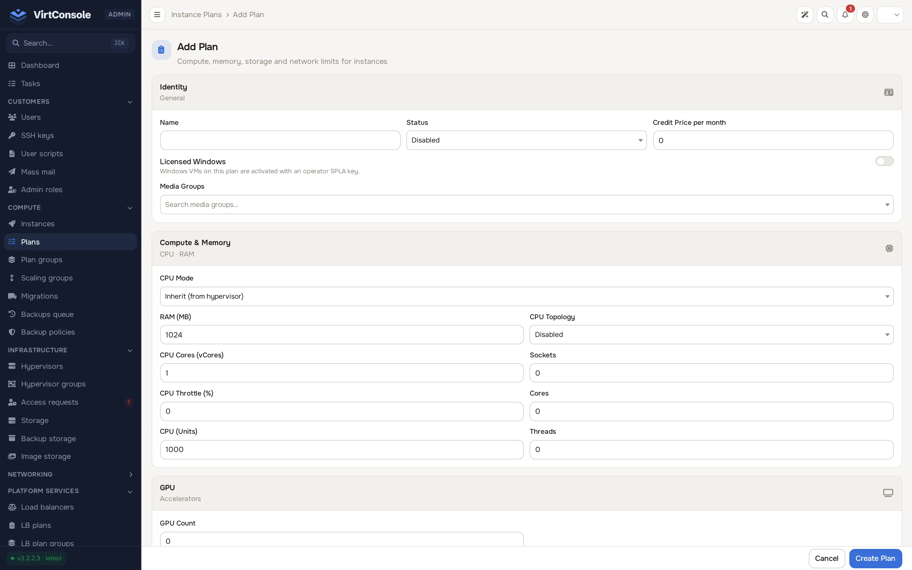 Add Plan form