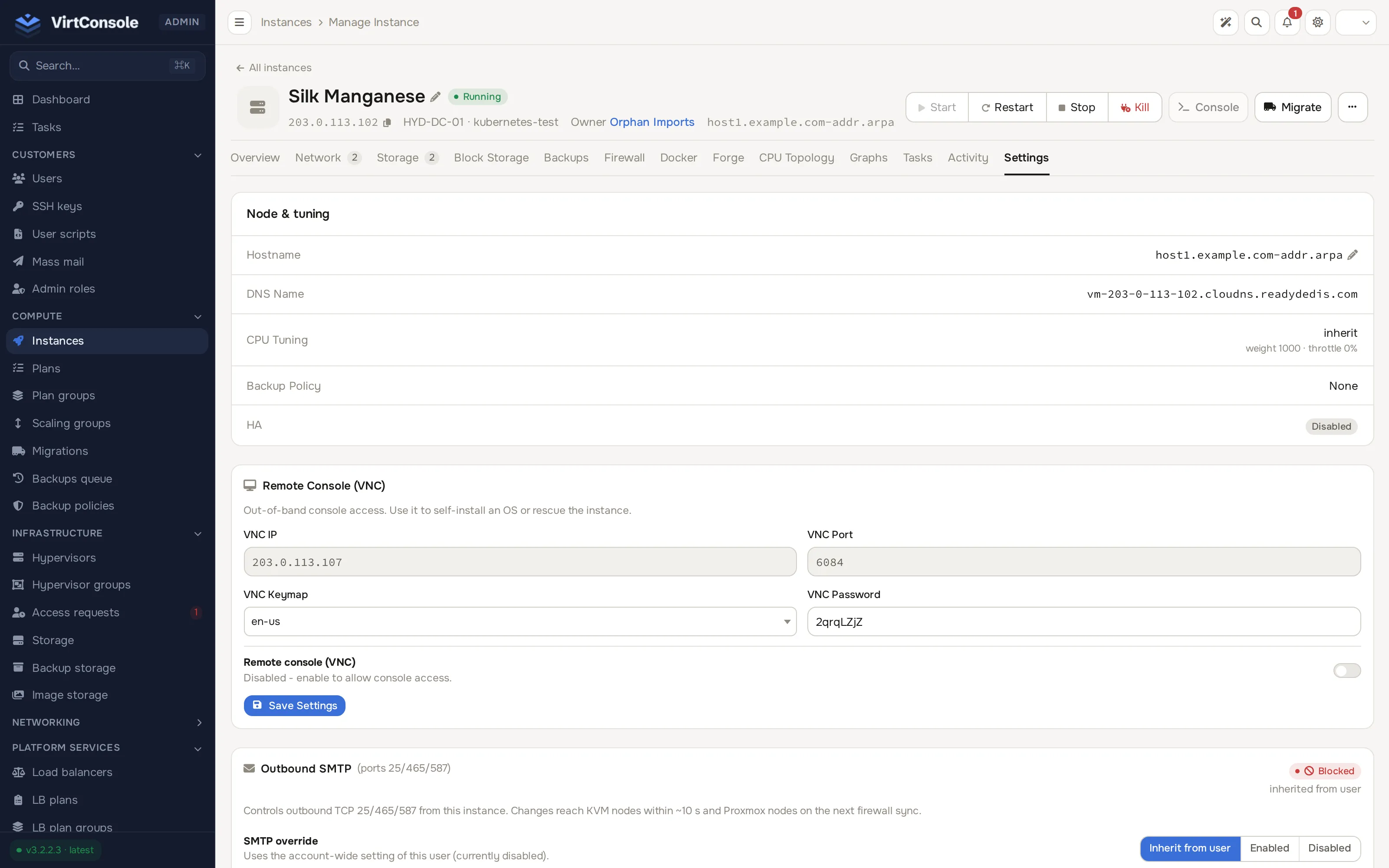Instance manage page, Settings tab