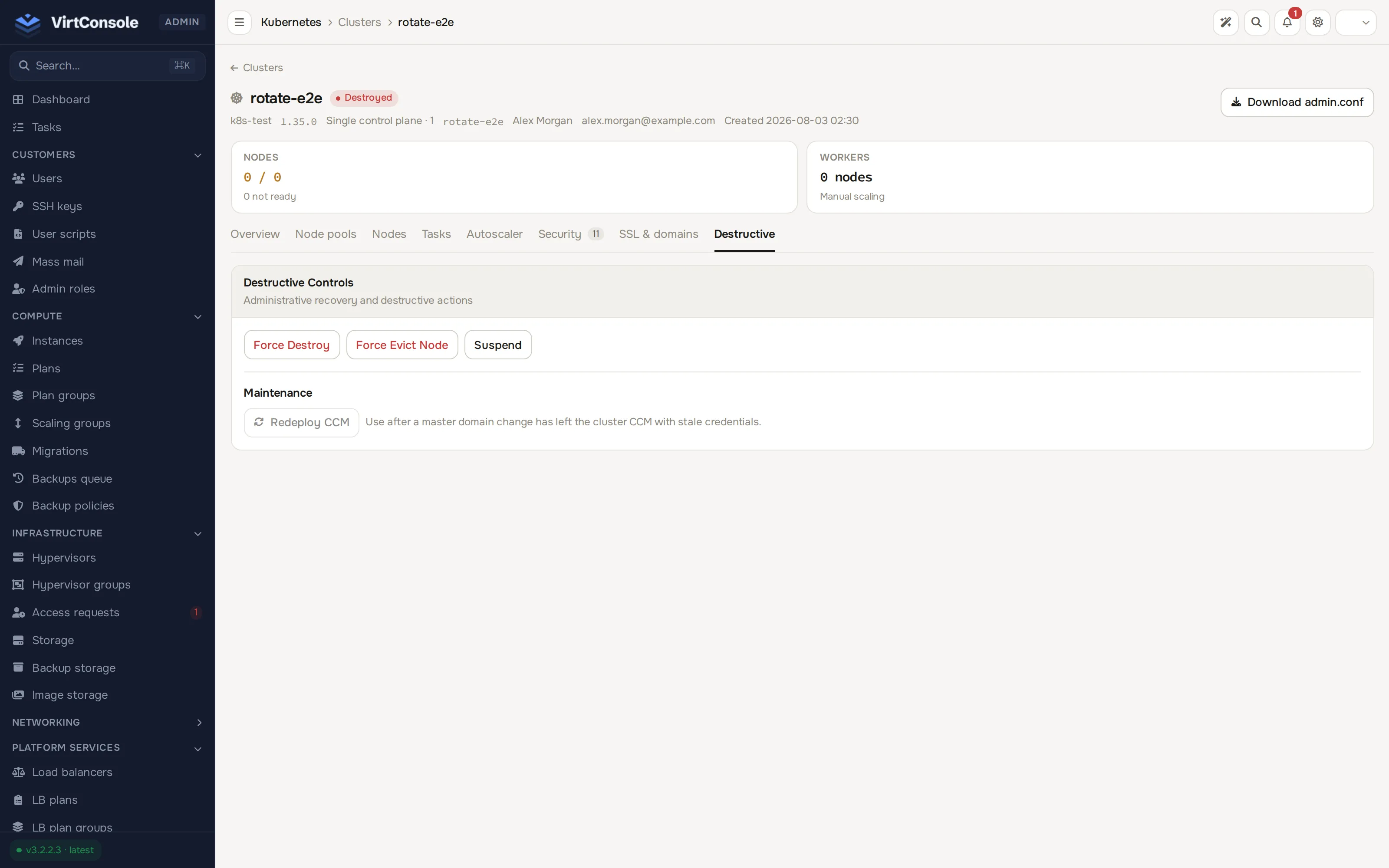 Kubernetes cluster, Destructive tab