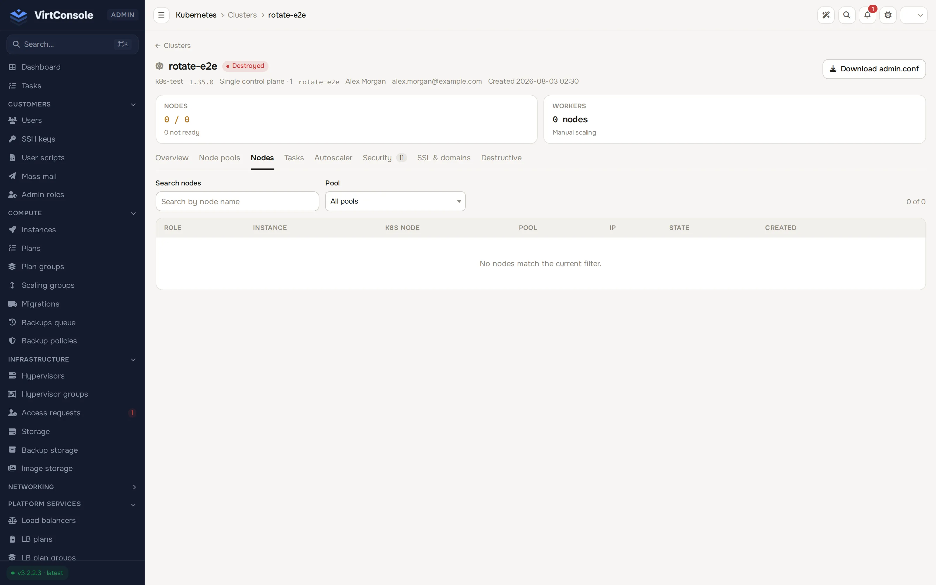 Kubernetes cluster detail page