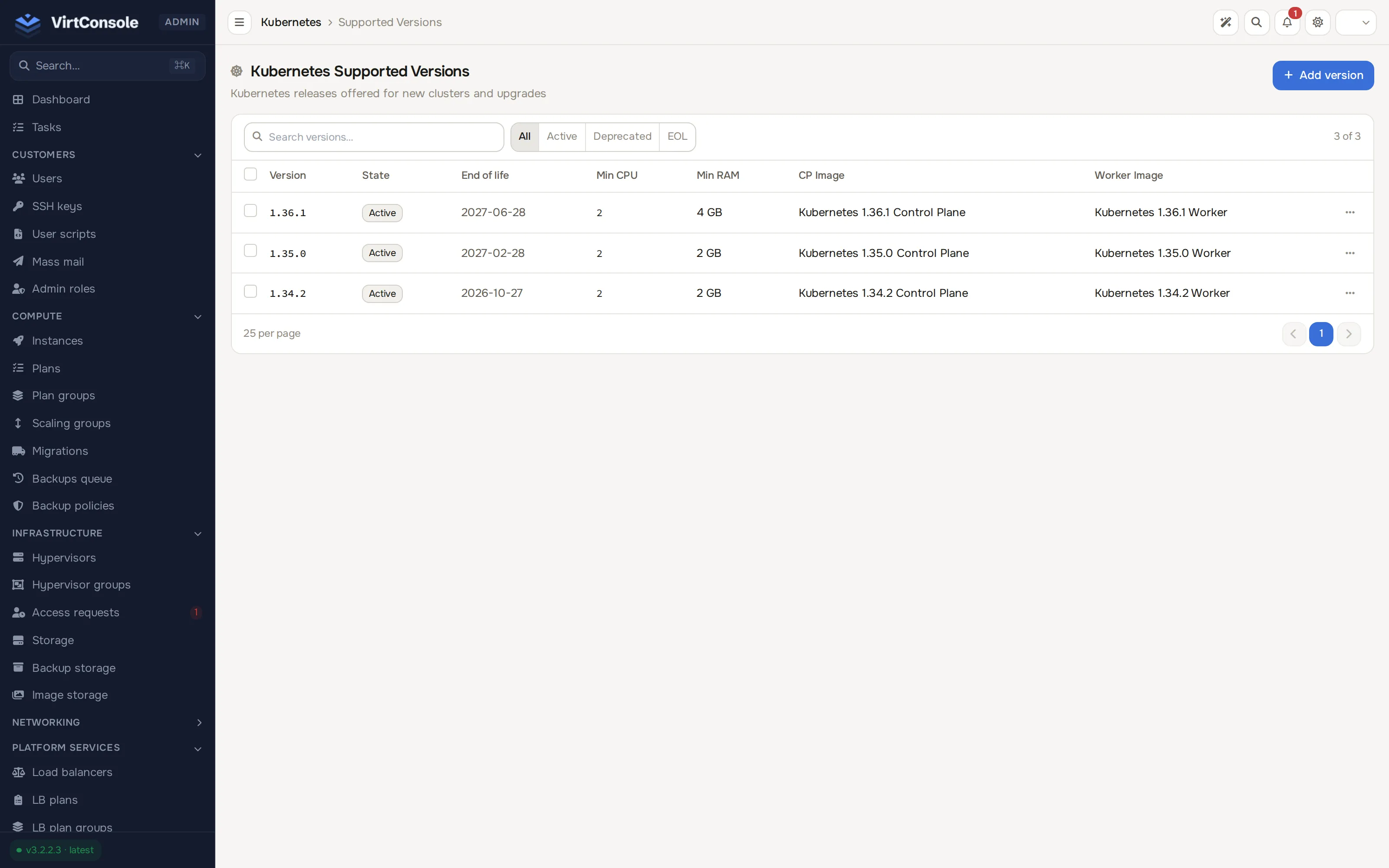Kubernetes supported versions