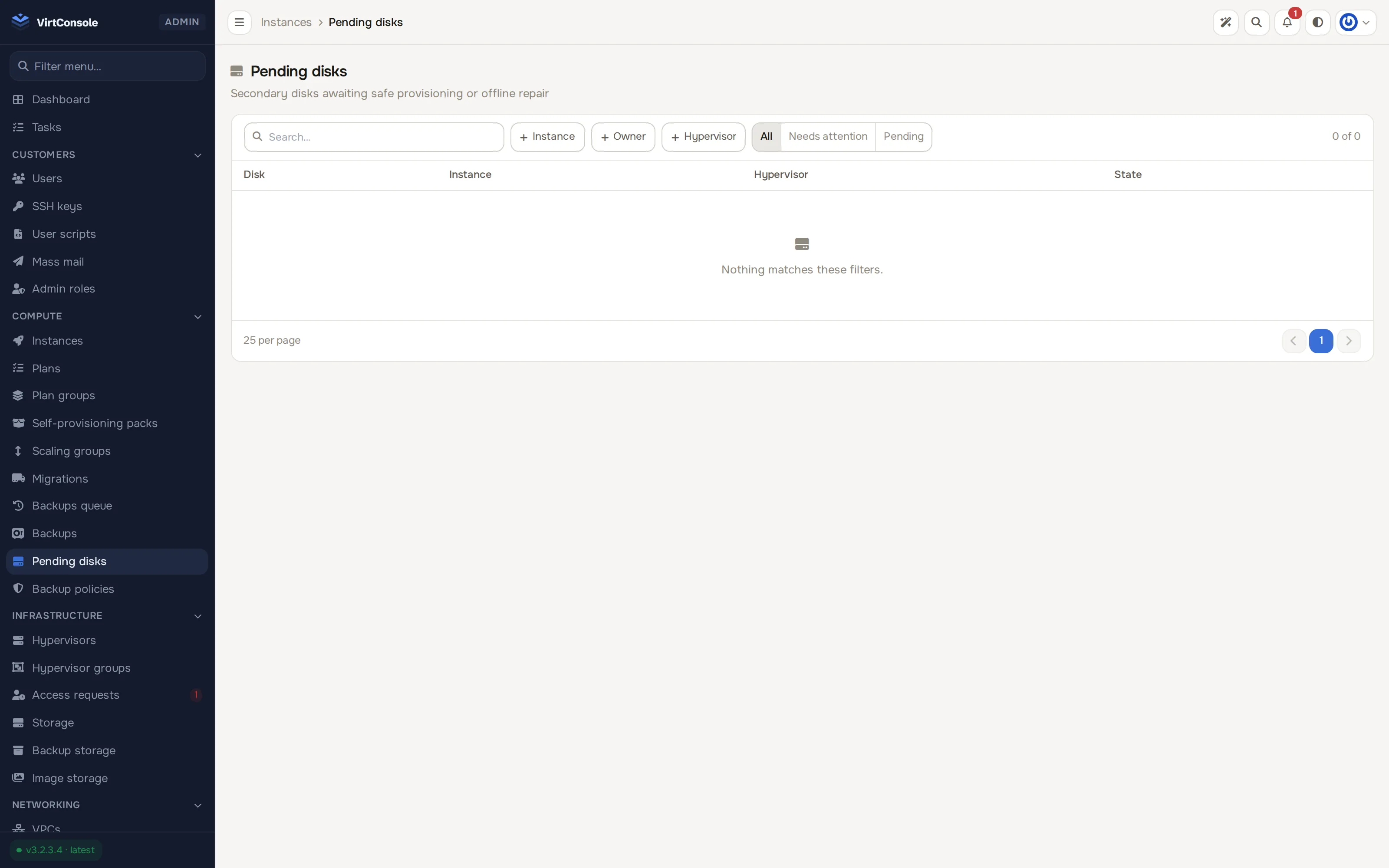 Compute > Pending disks list and the repair modal