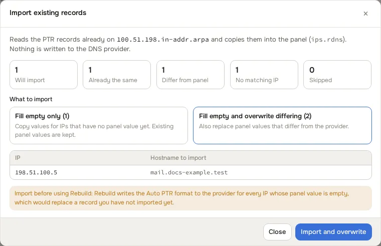 Import existing records dialog showing the counts and the two import modes