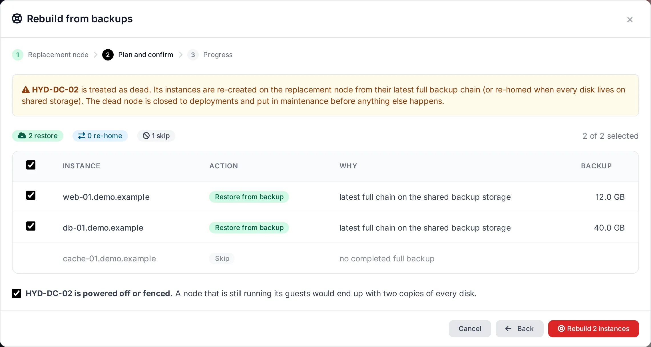 Rebuild plan: restore, re-home and skip per instance