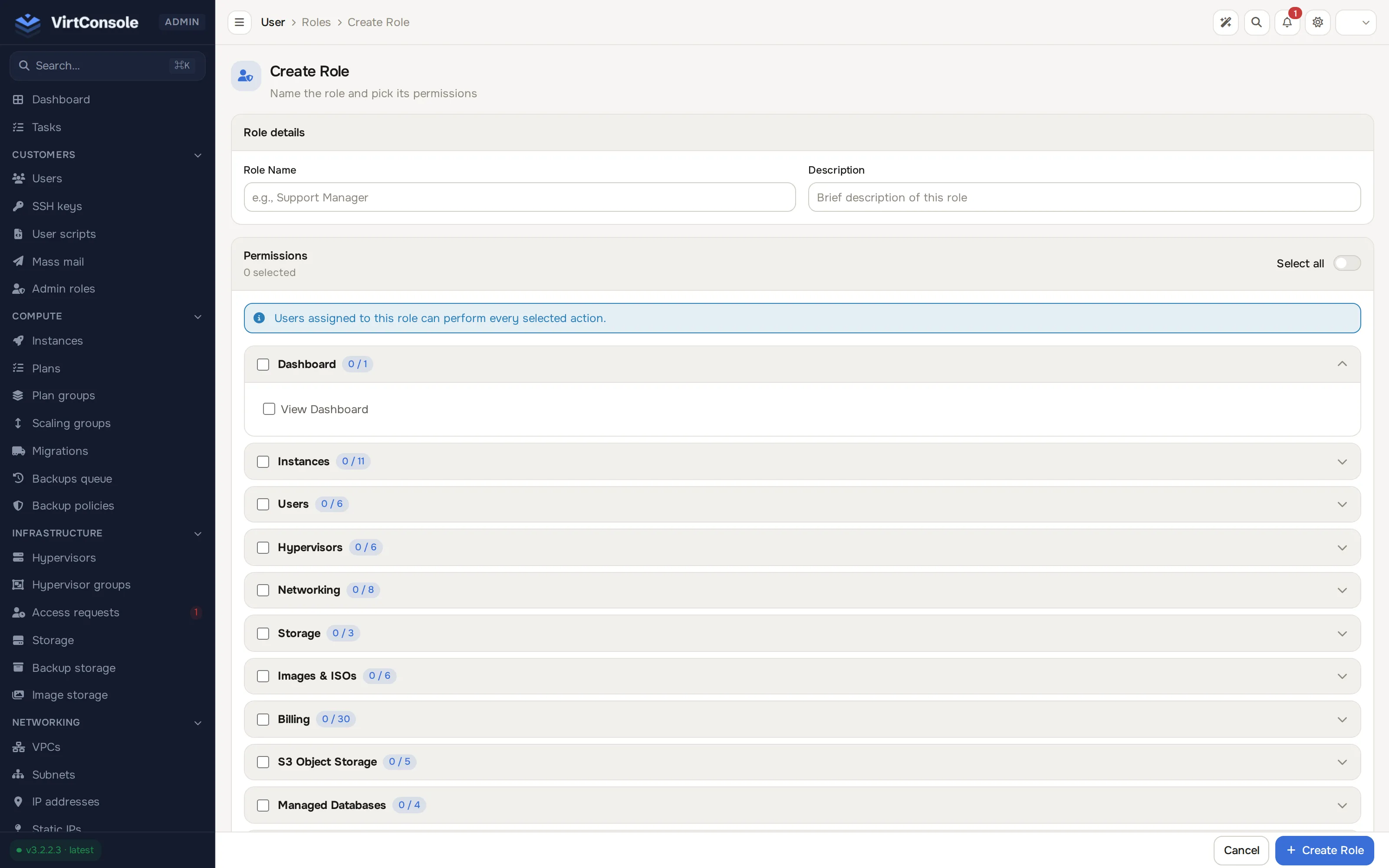 Create Role page