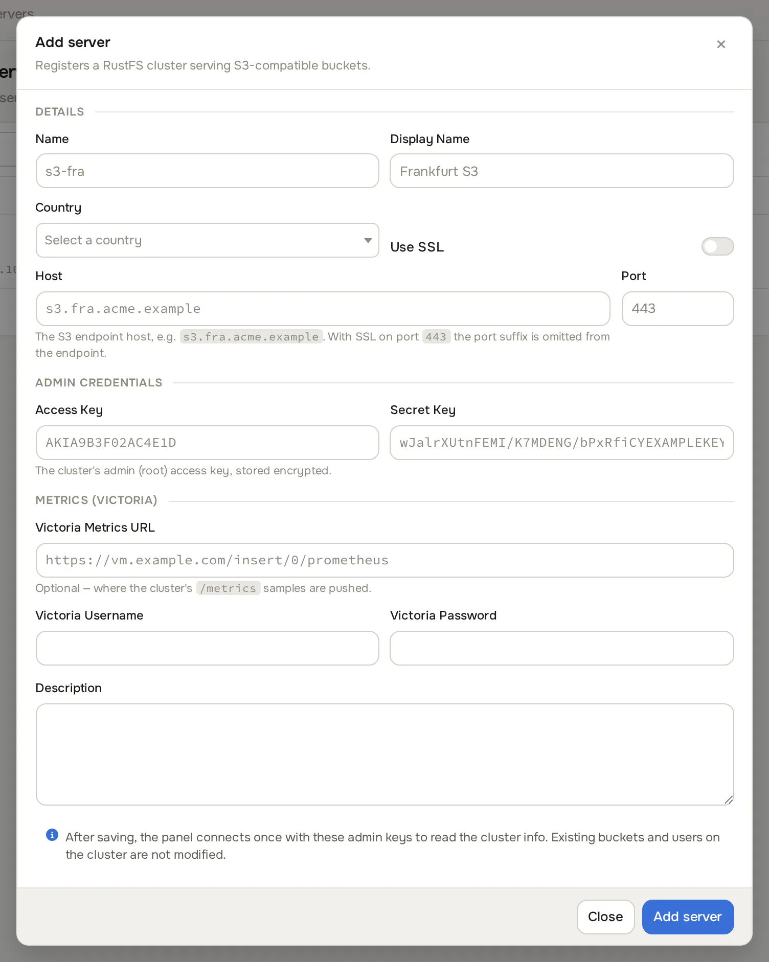 Add S3 server dialog