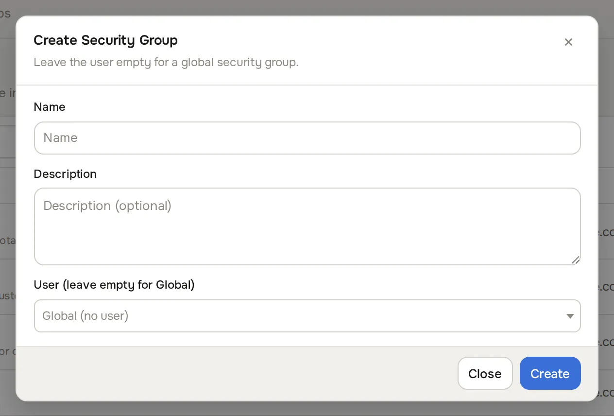 Create Security Group dialog