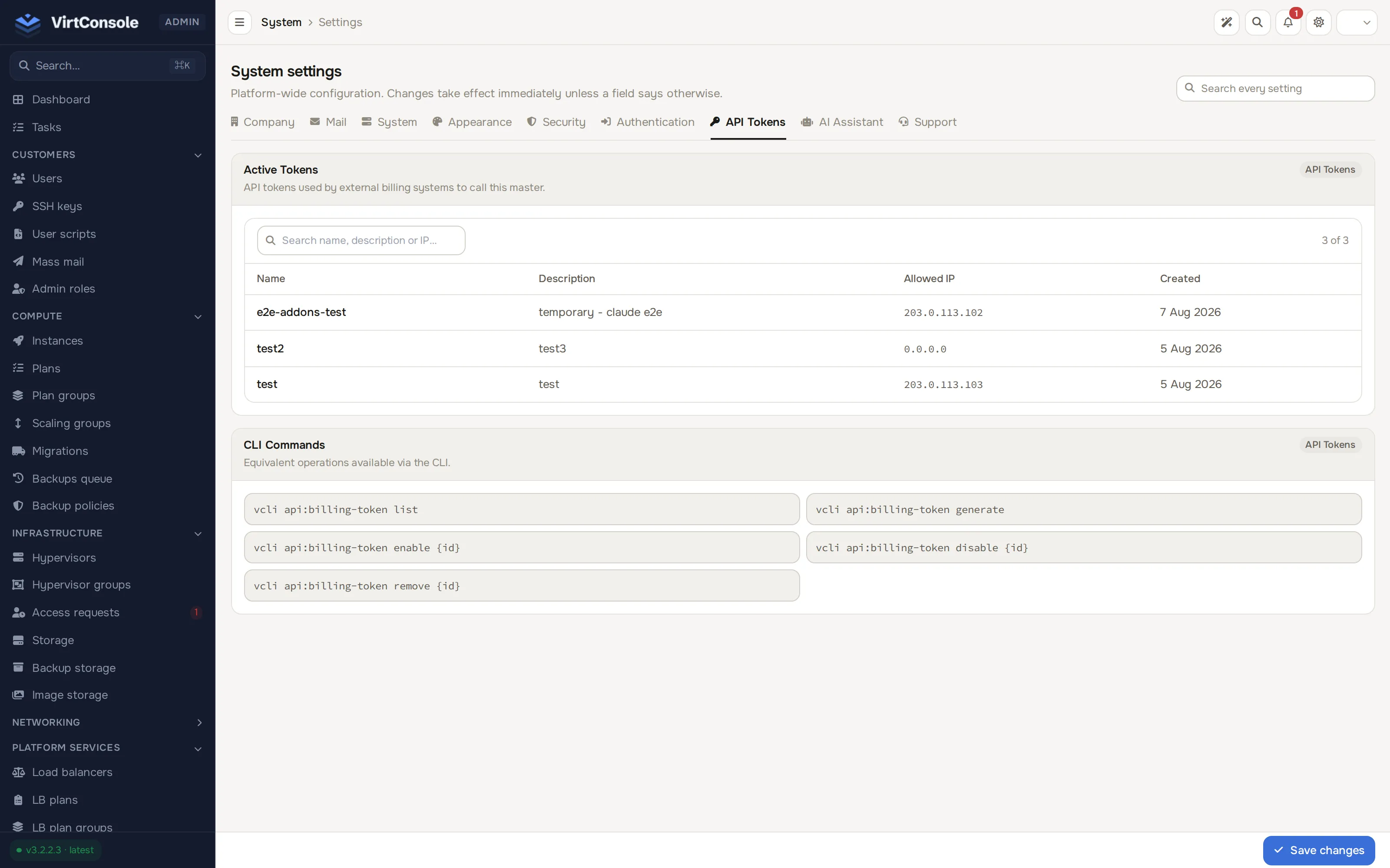Settings, API Tokens tab