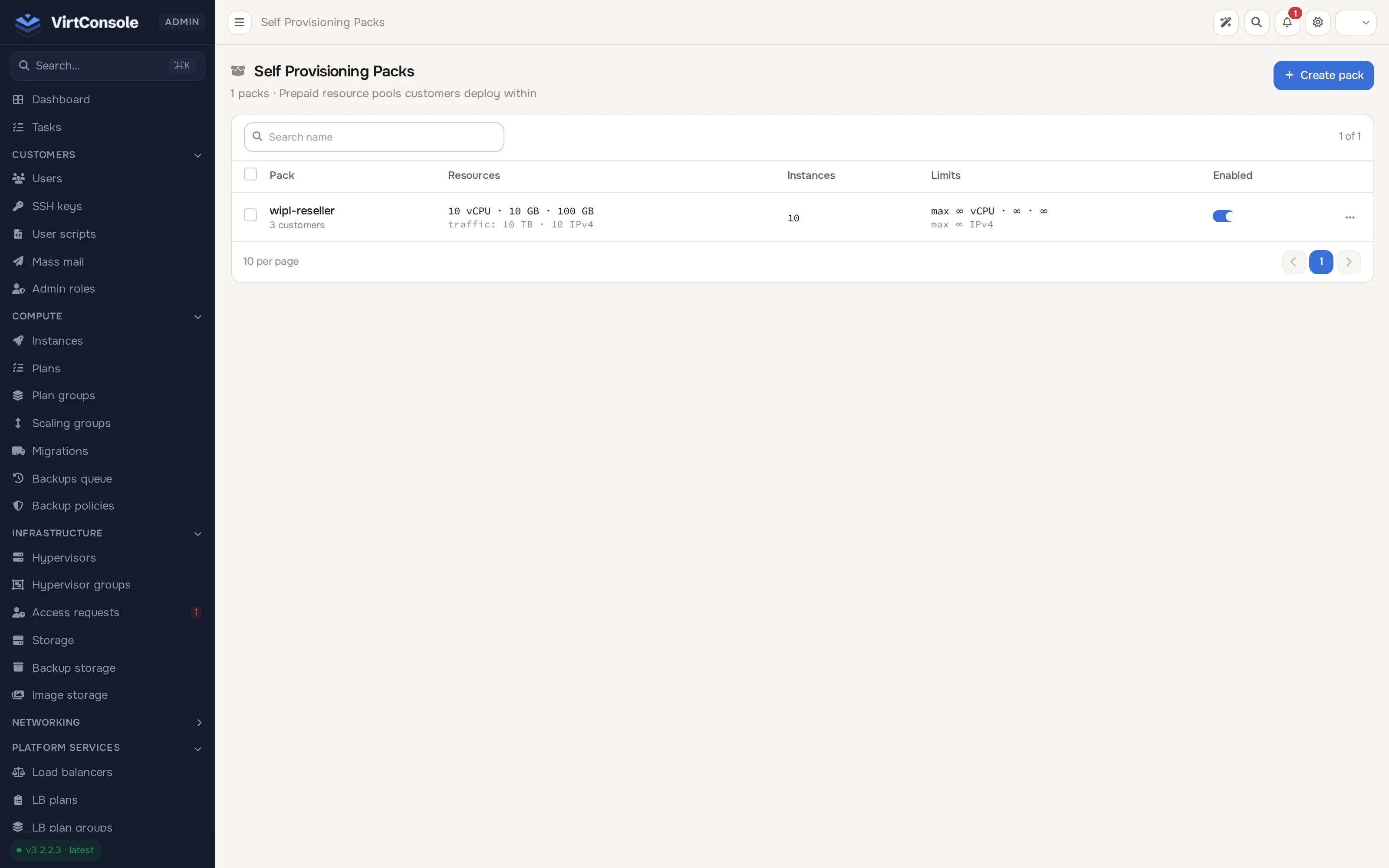 Self-Provisioning packs