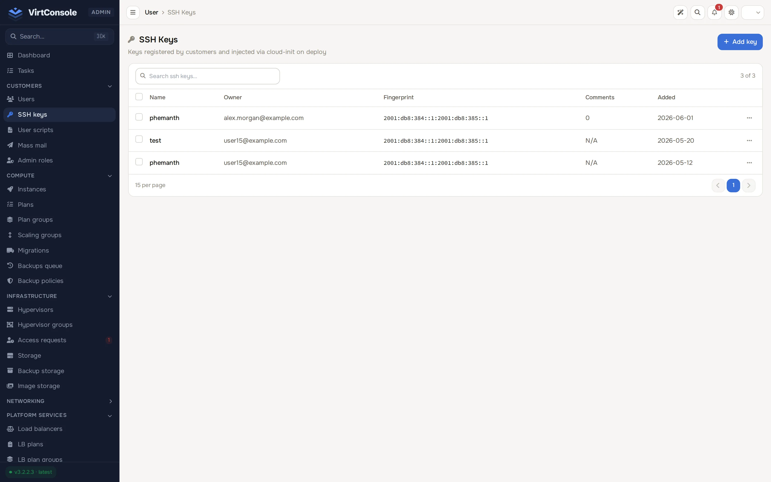 SSH keys list