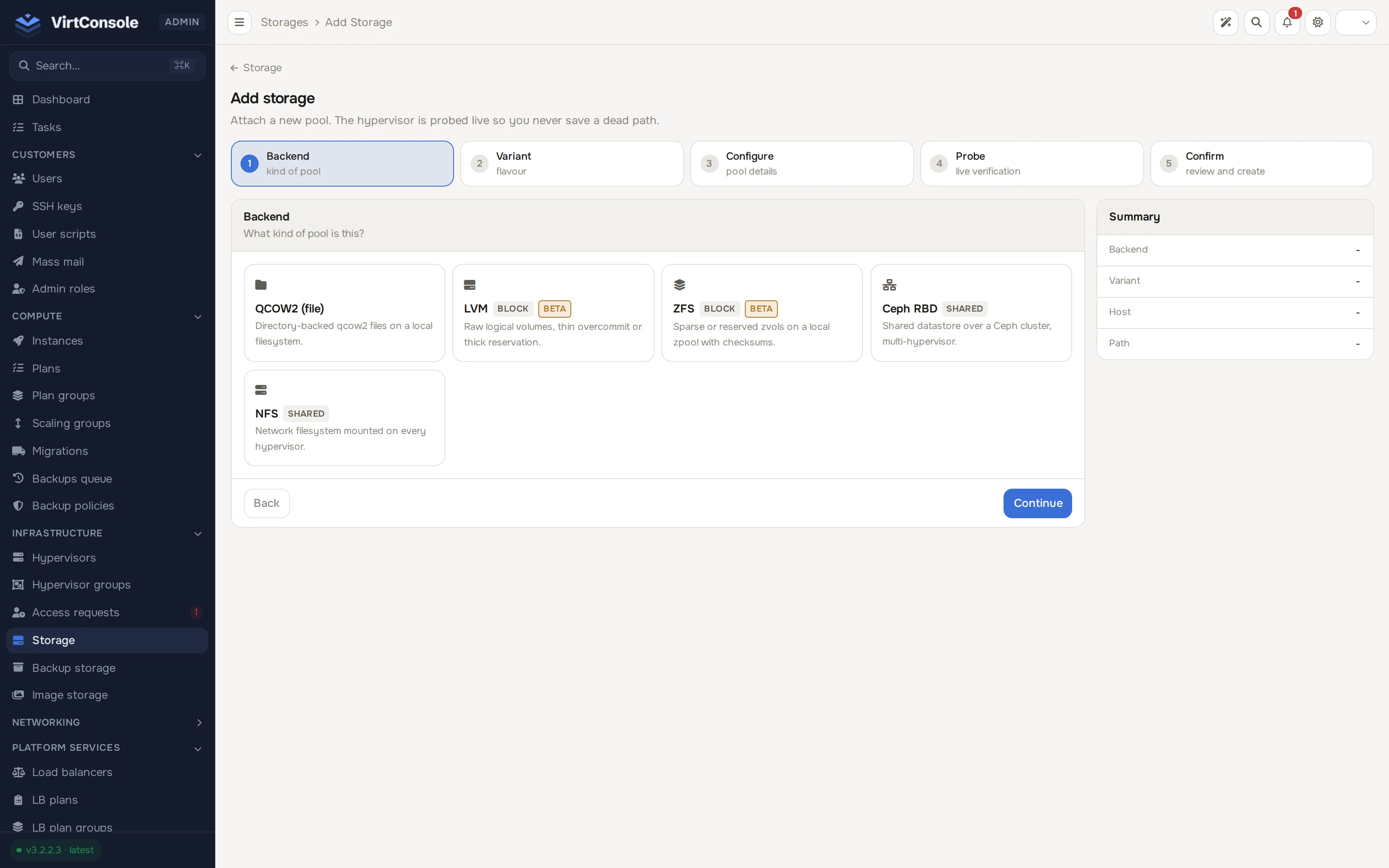 Storage wizard, step 1: Backend
