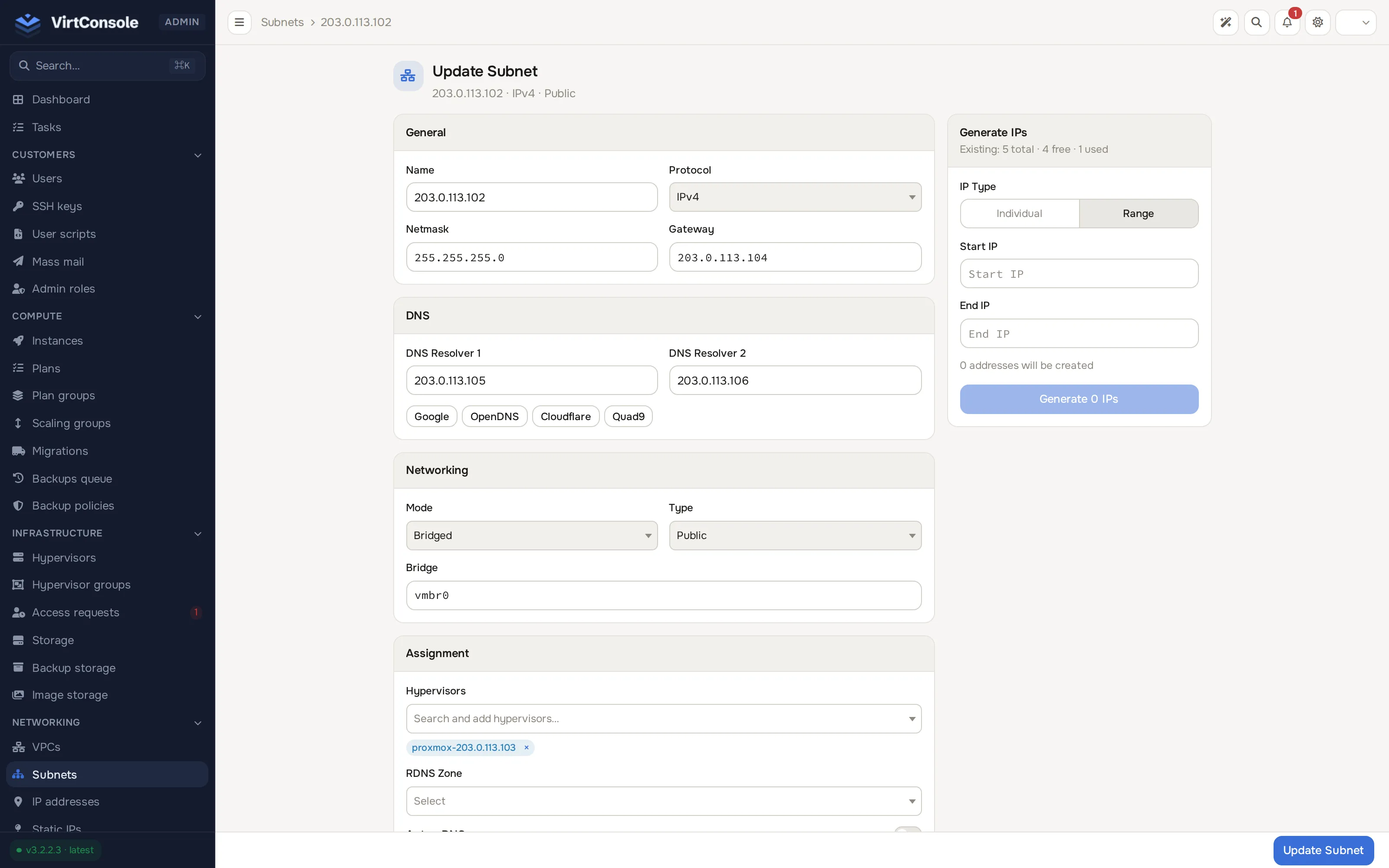 Subnet detail page with Generate IPs card