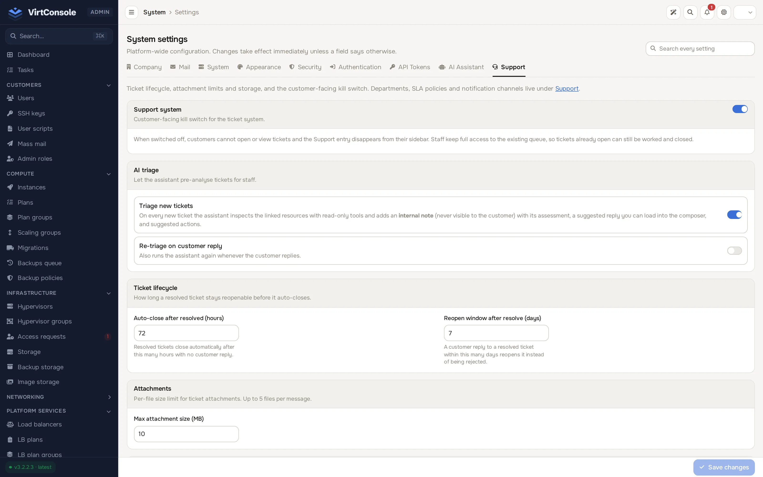 Settings, Support tab