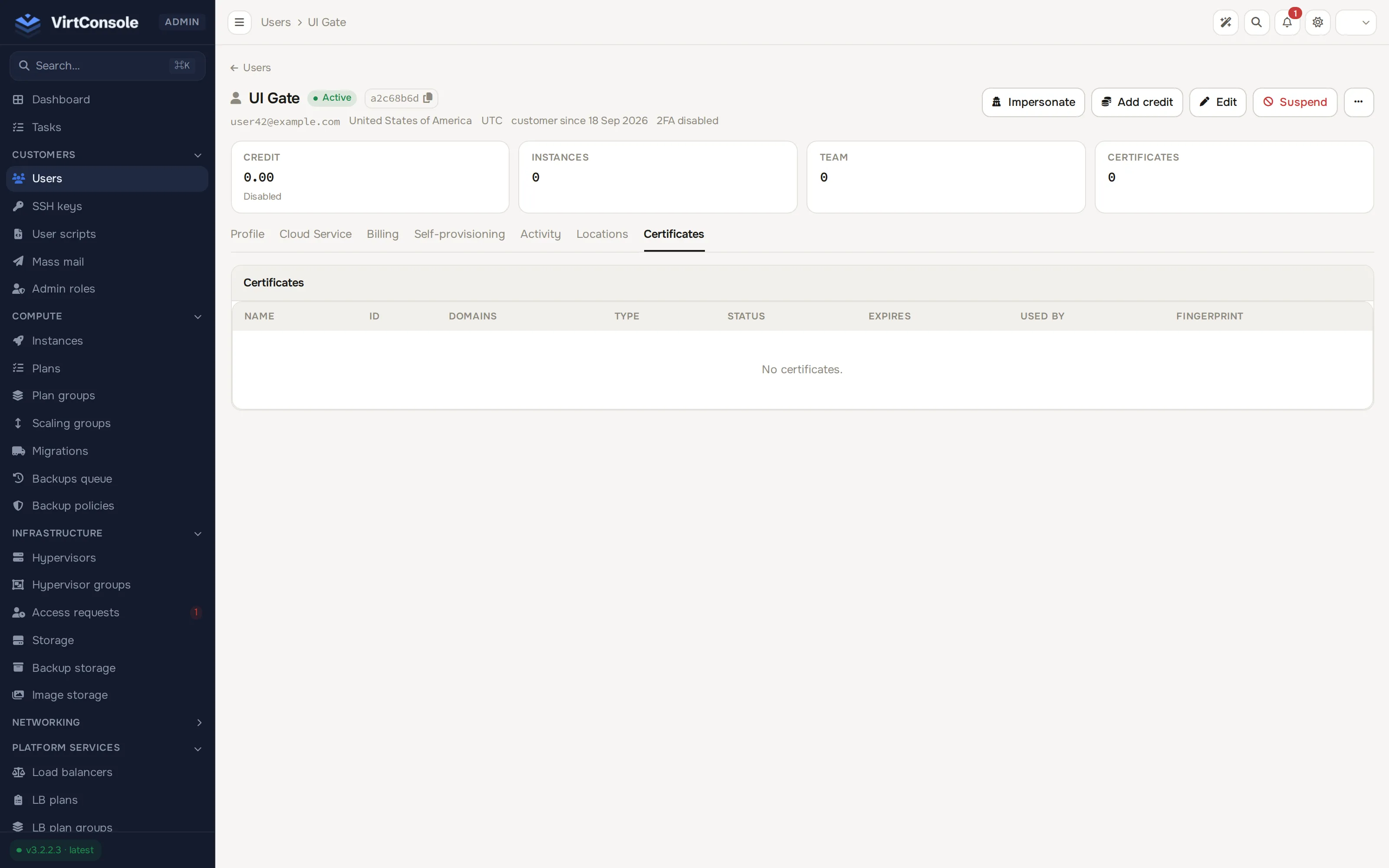 Certificates tab on a customer’s detail page