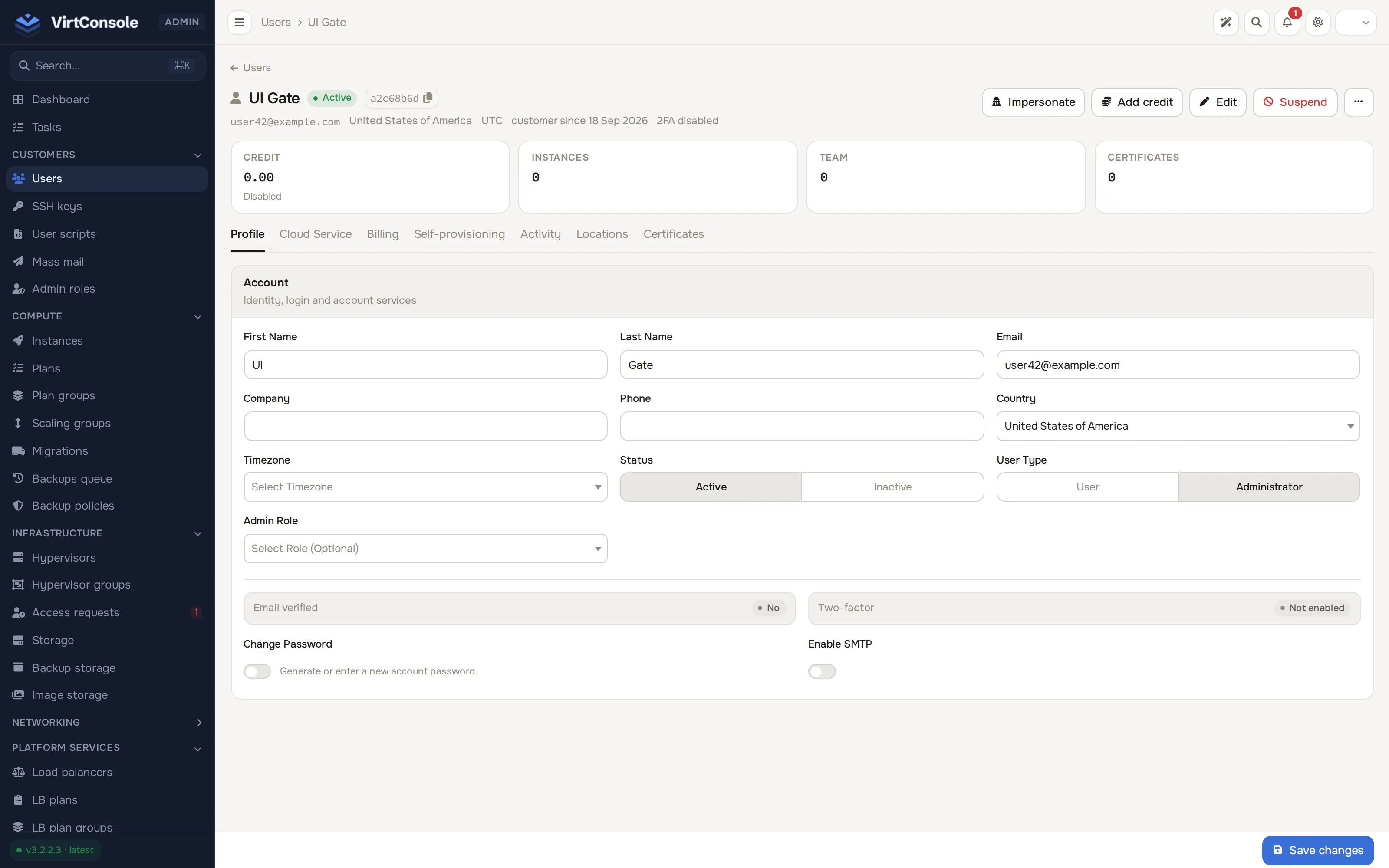 User detail page, Profile tab