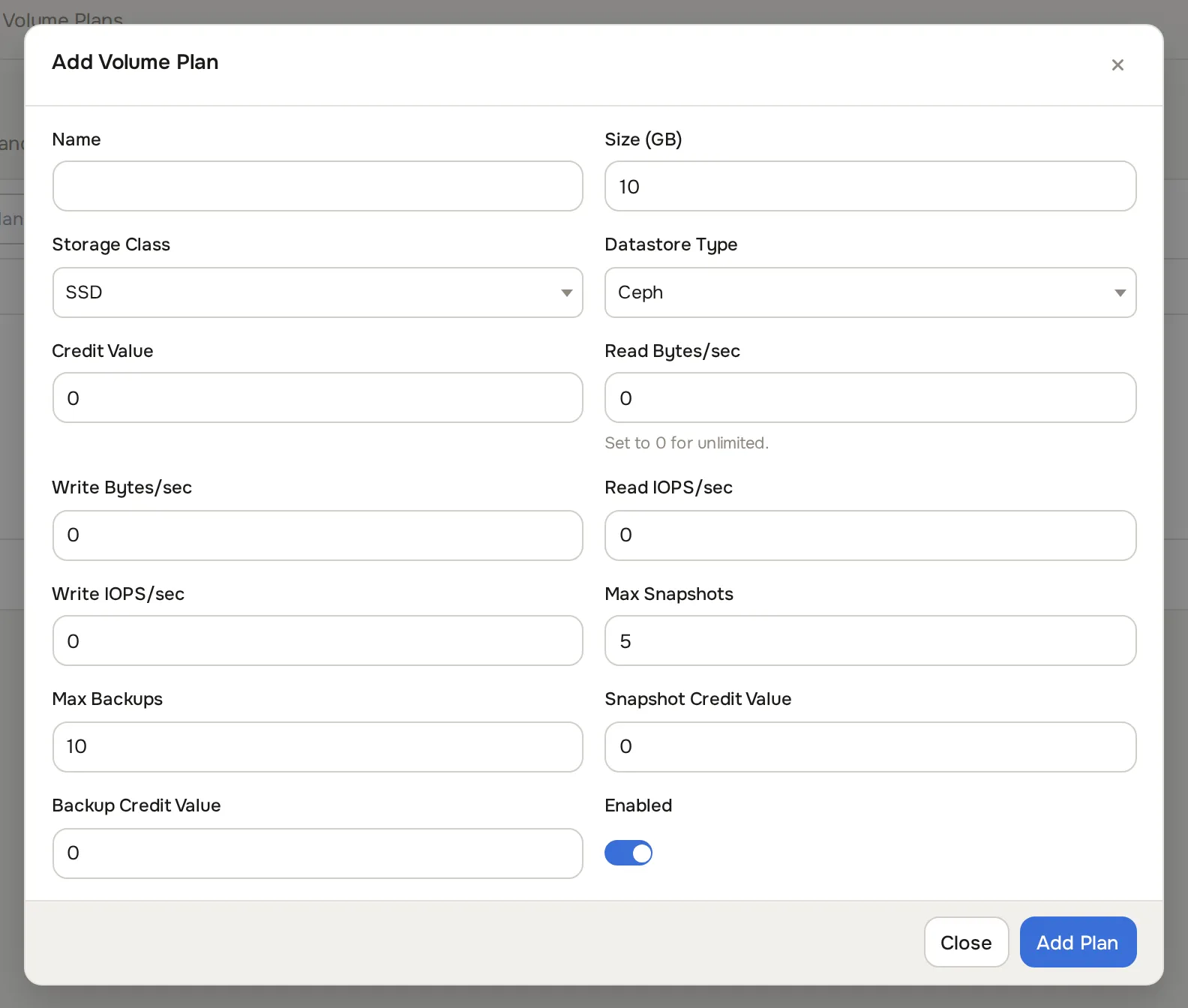 Add Volume Plan dialog