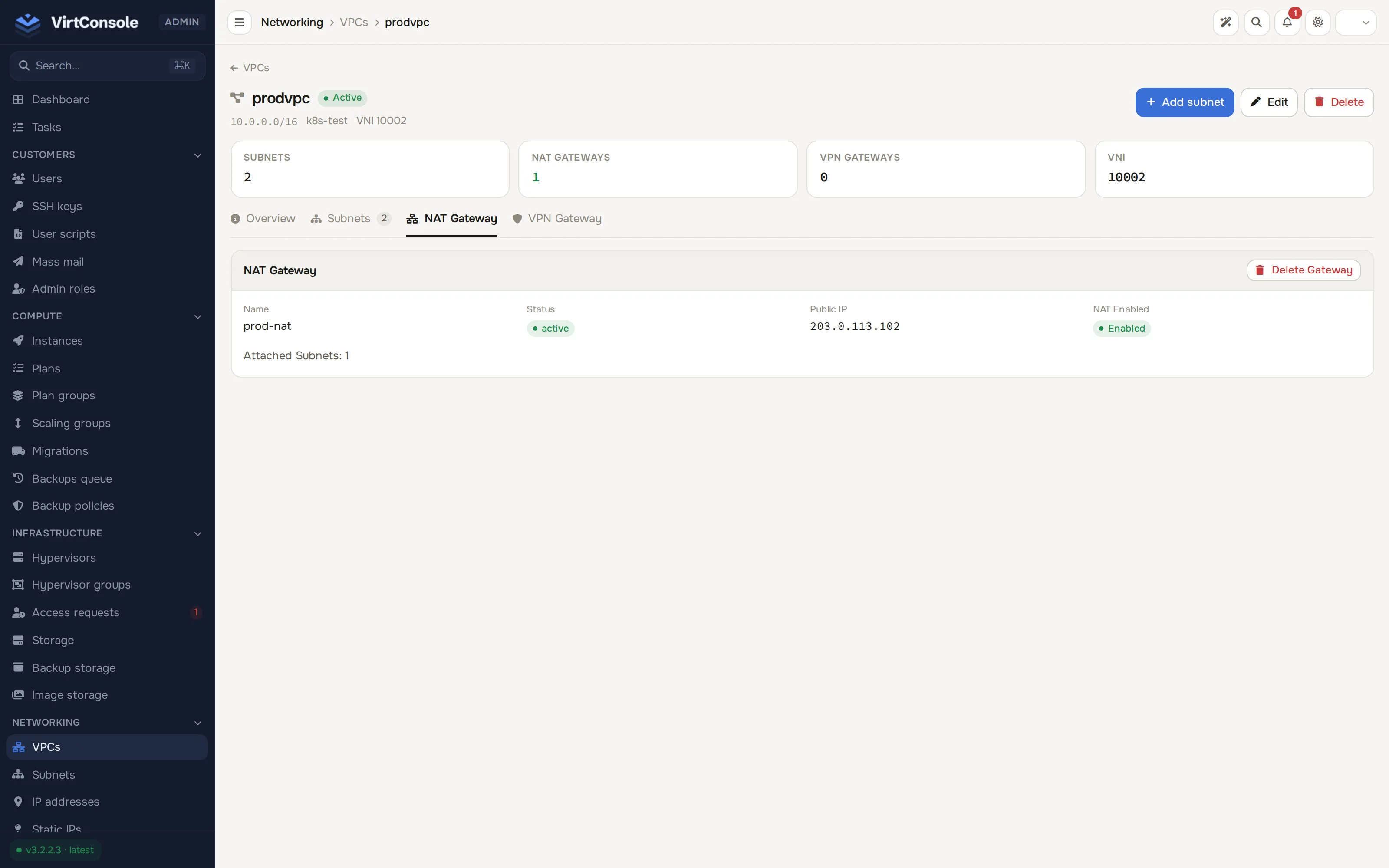 VPC detail, NAT Gateway tab
