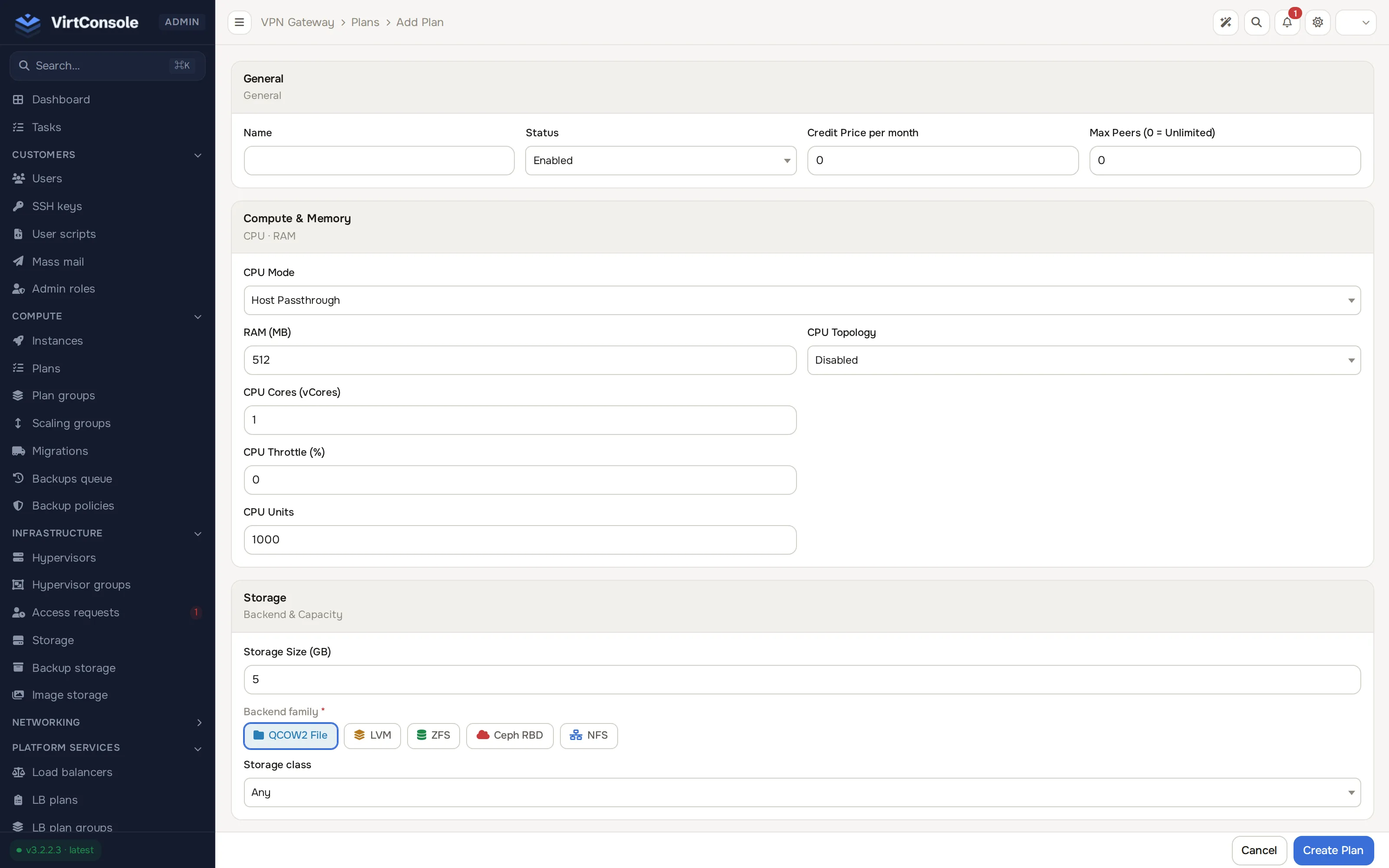 VPN plan create form