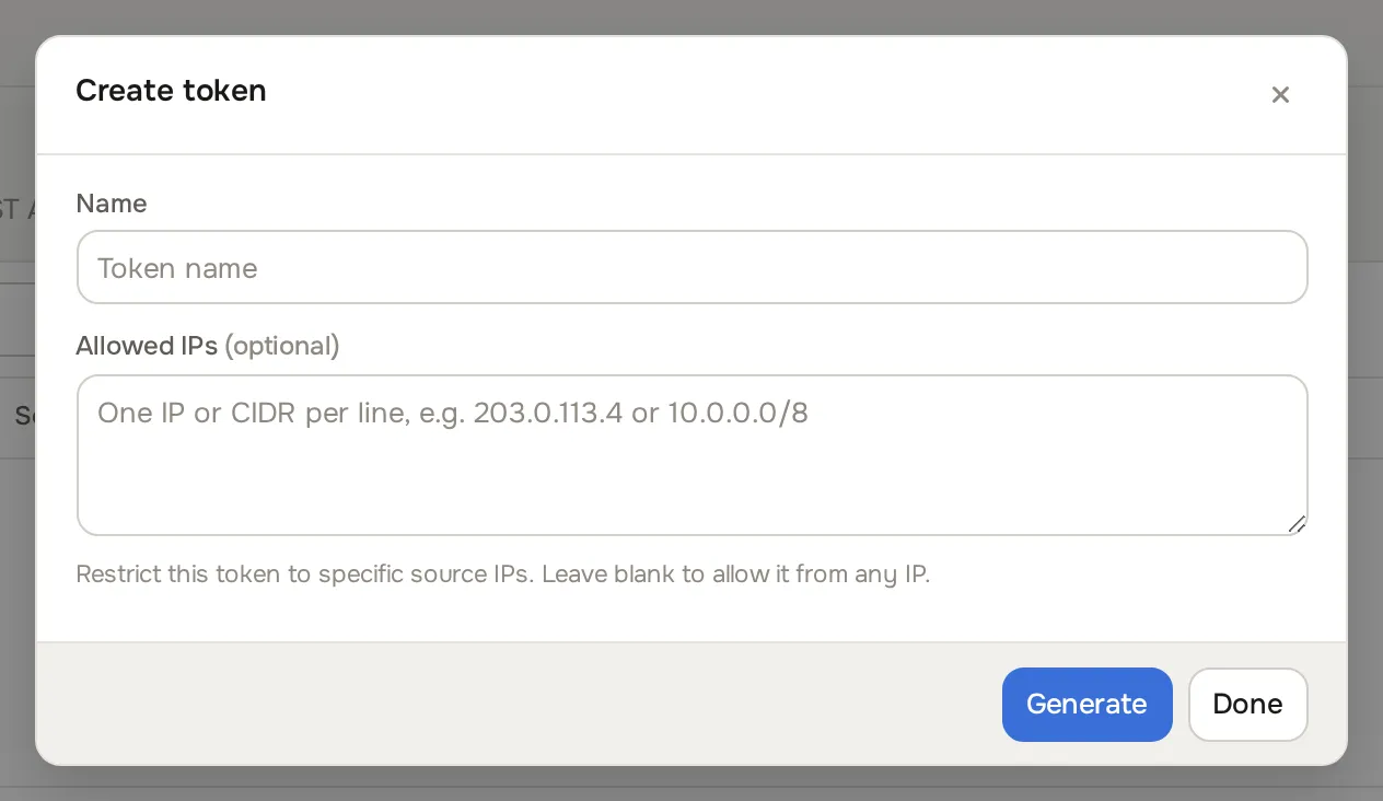 Create token dialog