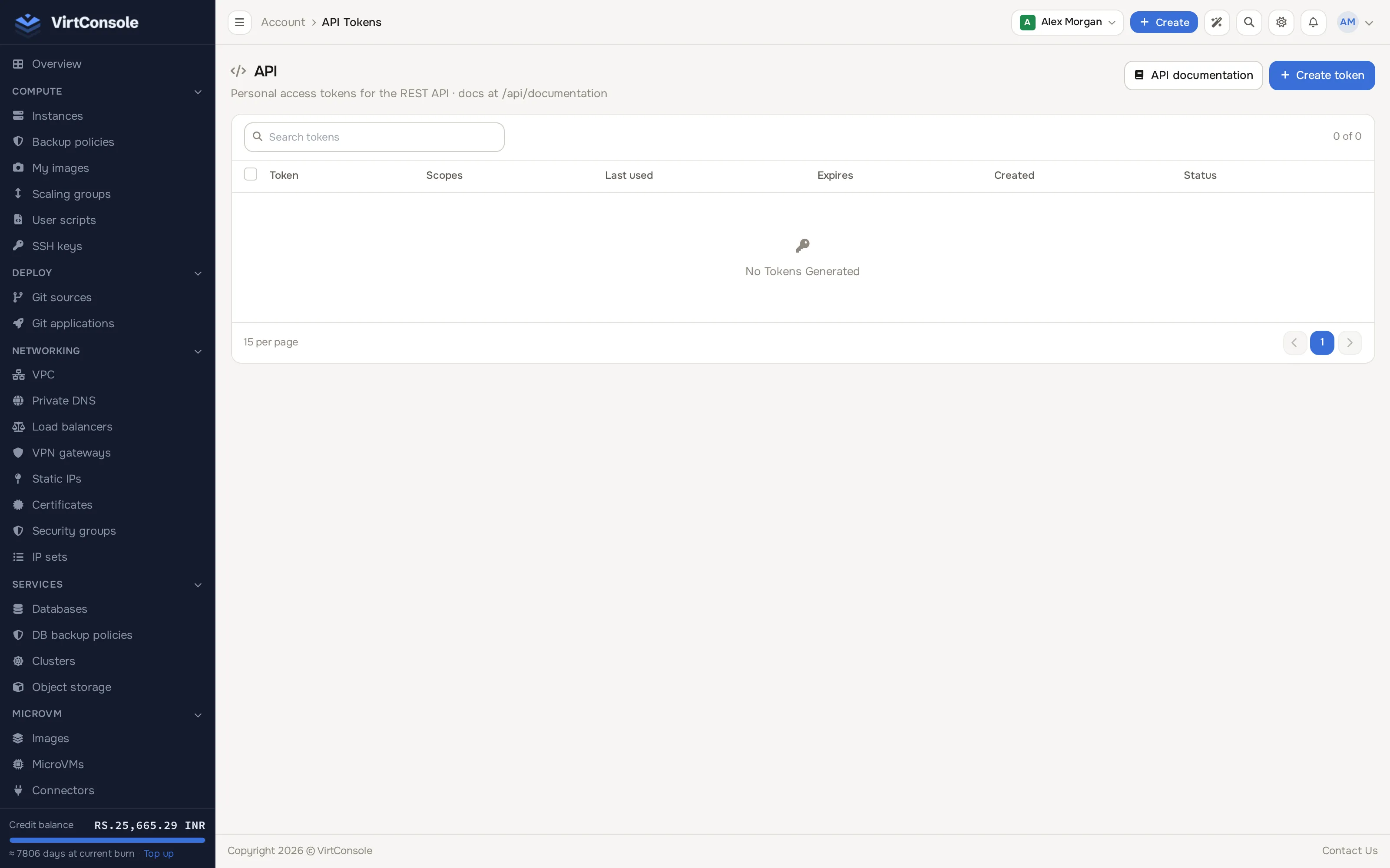 API tokens page