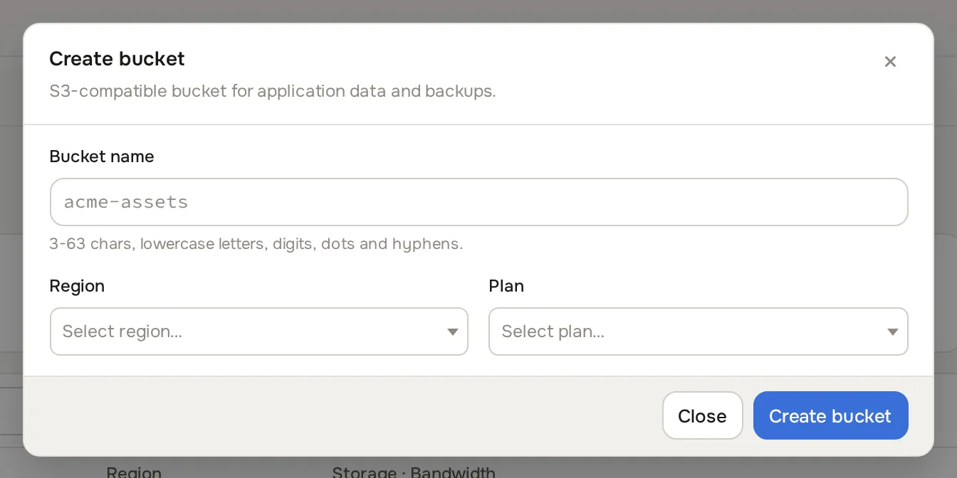 Create bucket dialog