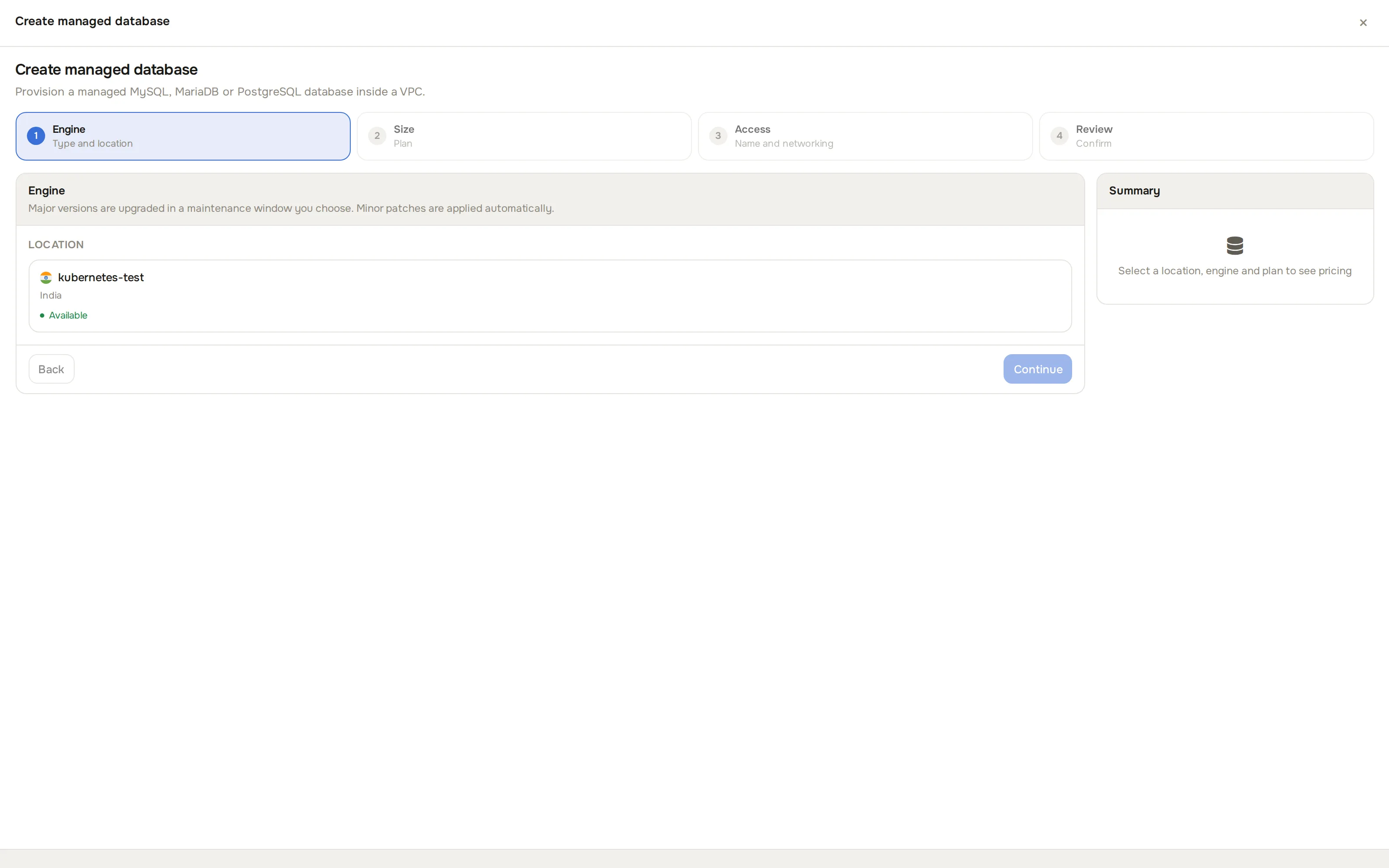 Create managed database wizard, Engine step before a location is picked