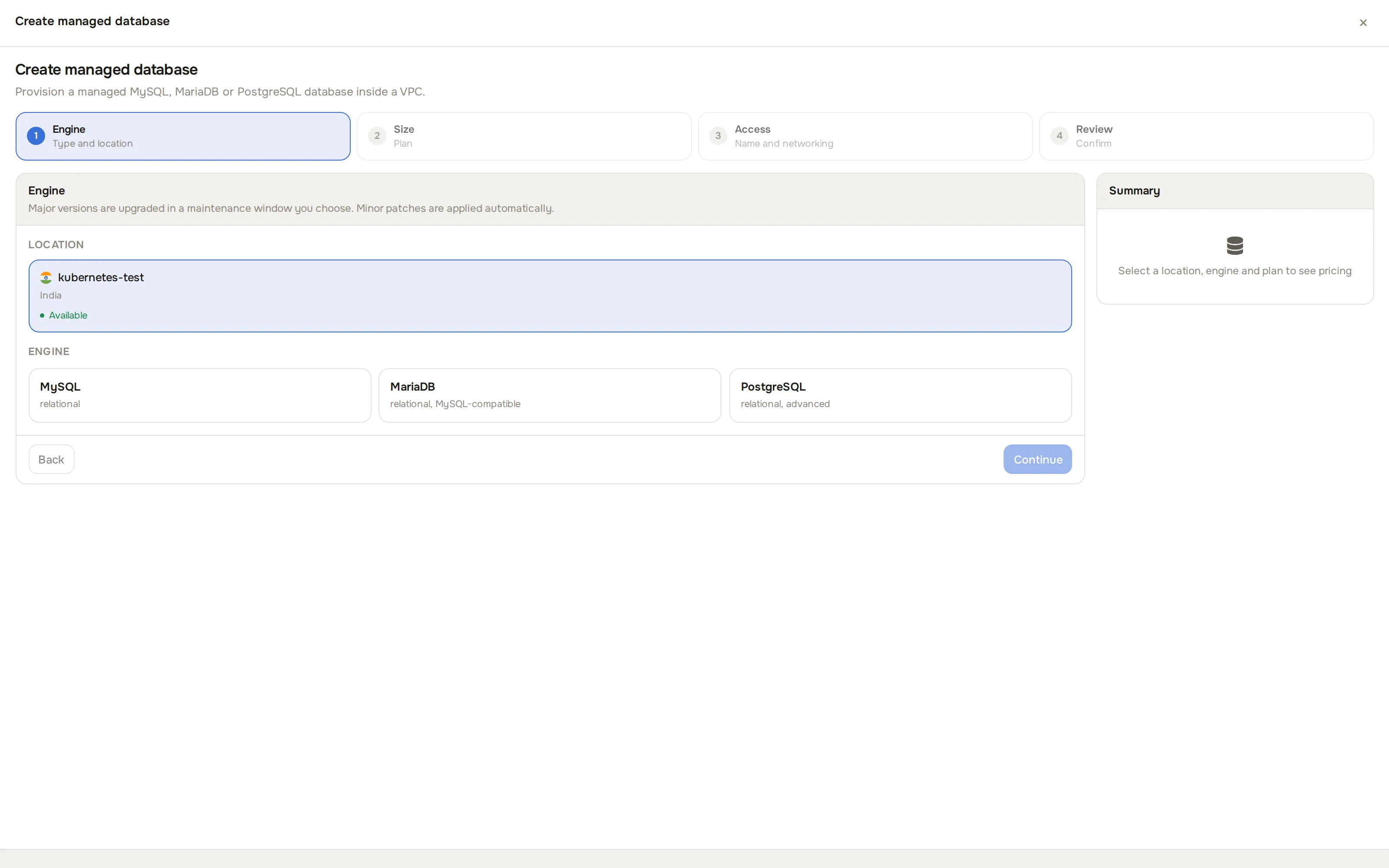 Engine step with a location selected and MySQL, MariaDB and PostgreSQL options