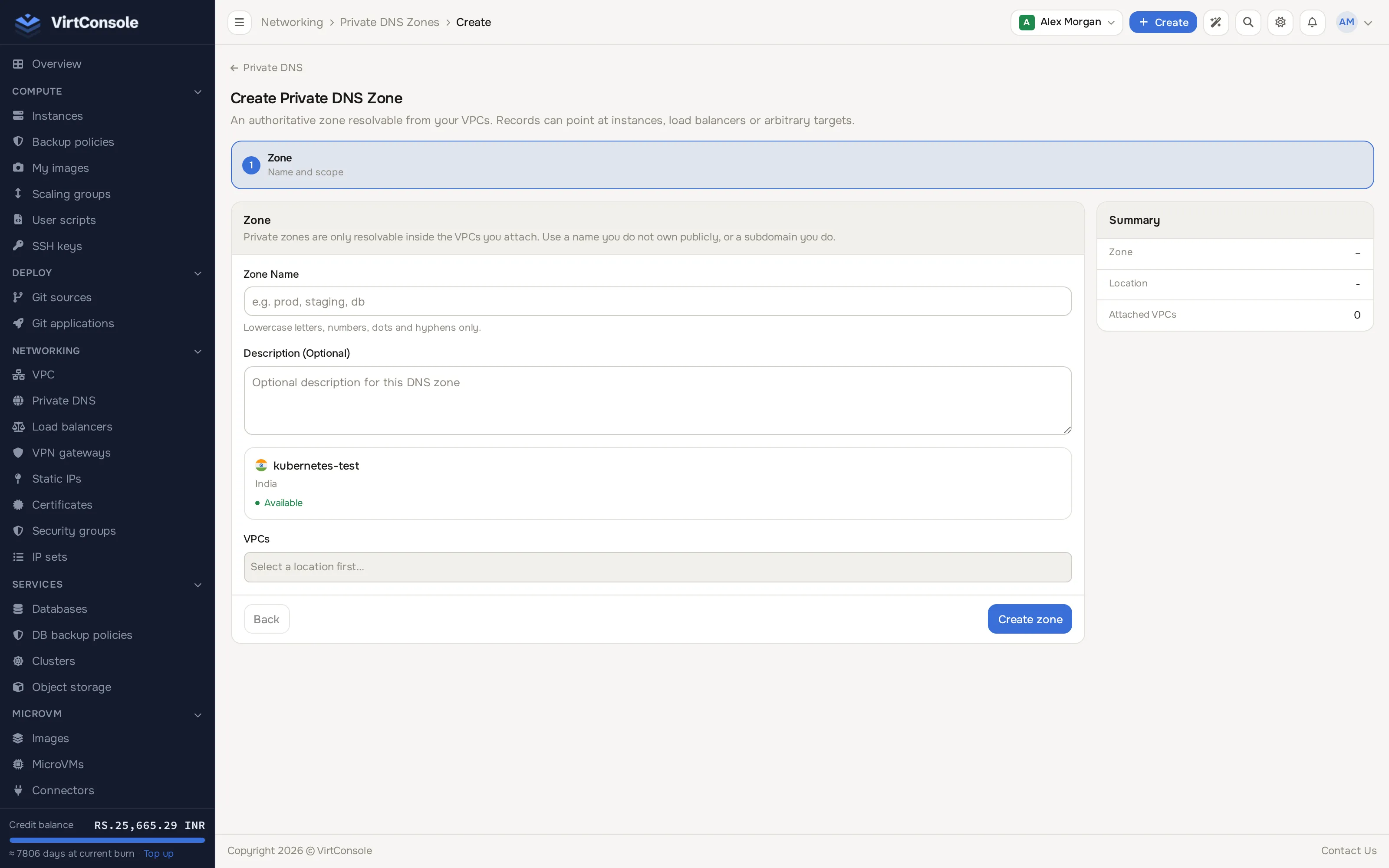 Create Private DNS Zone page