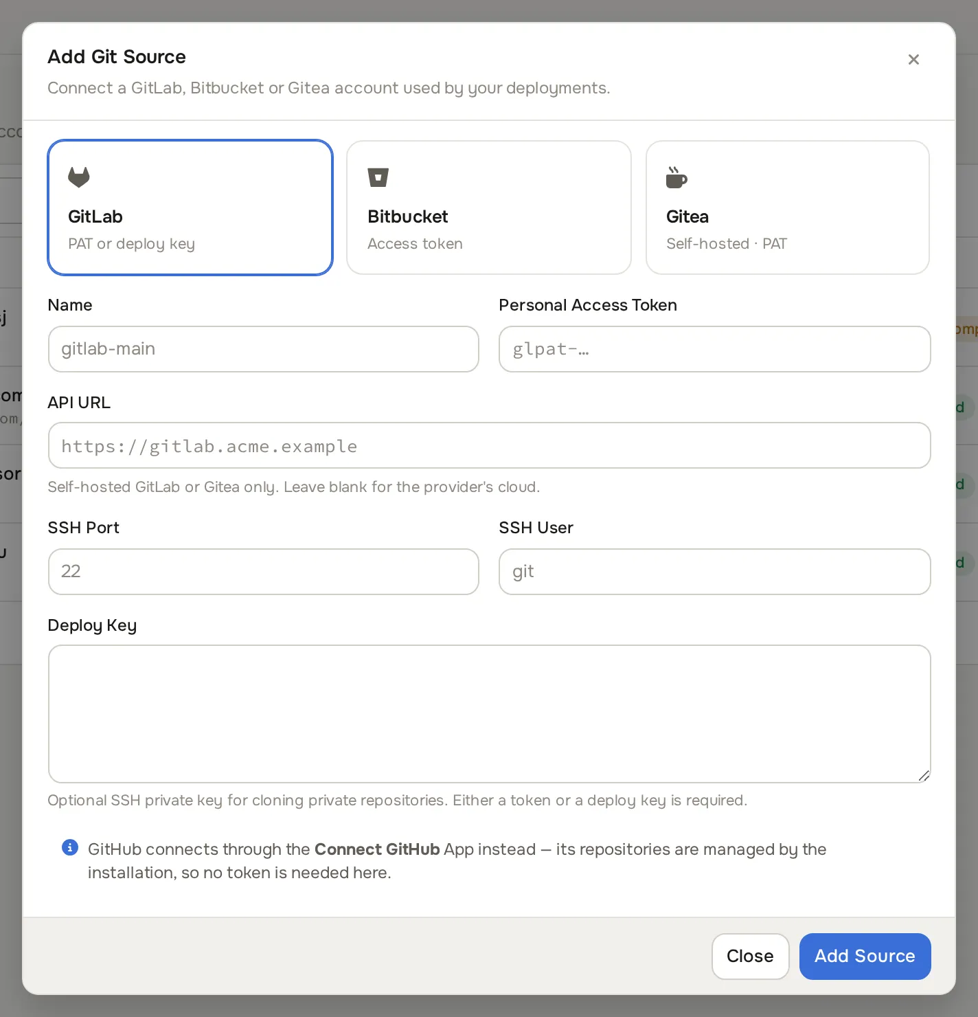 Add Git Source dialog