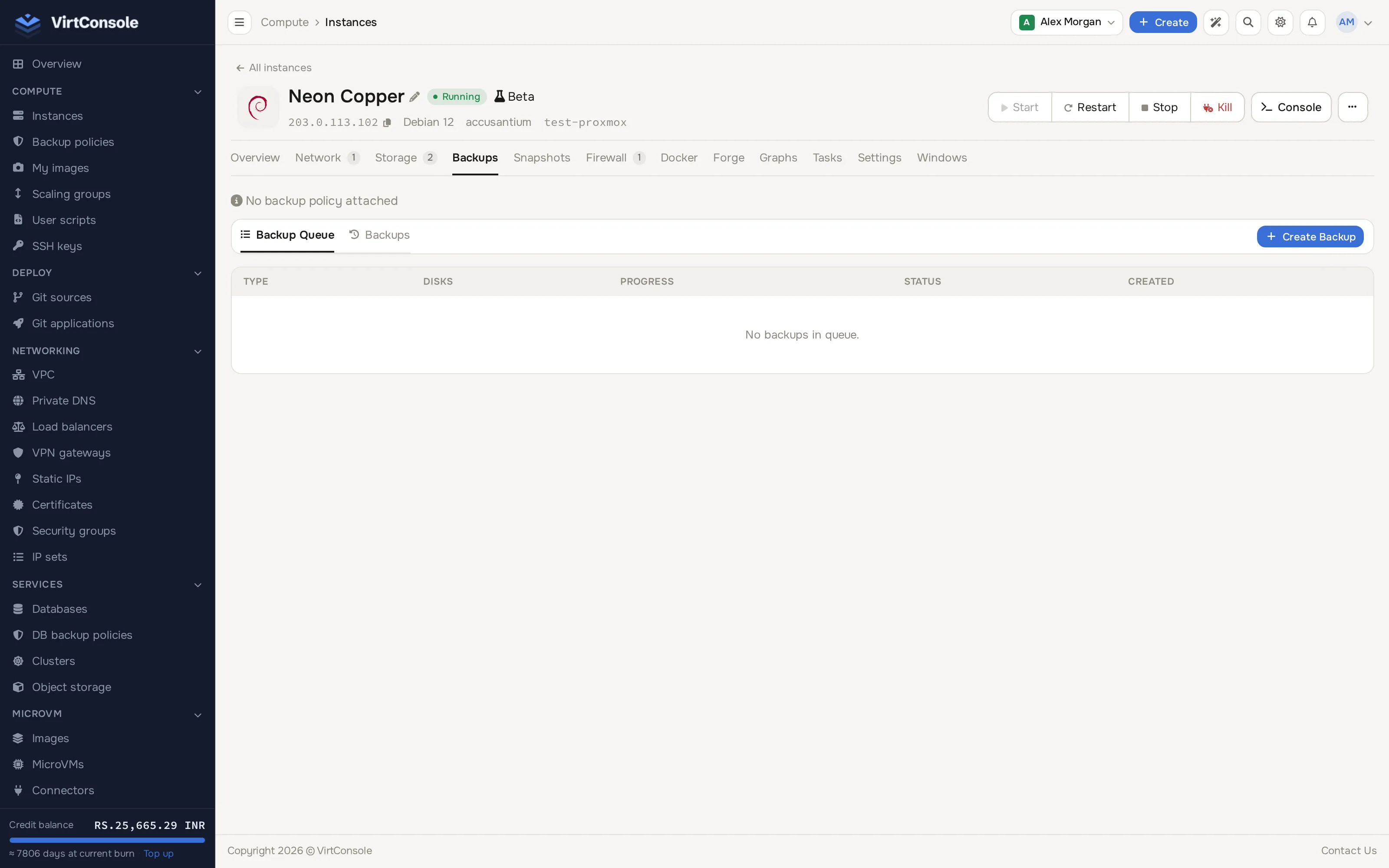 Instance Backups section