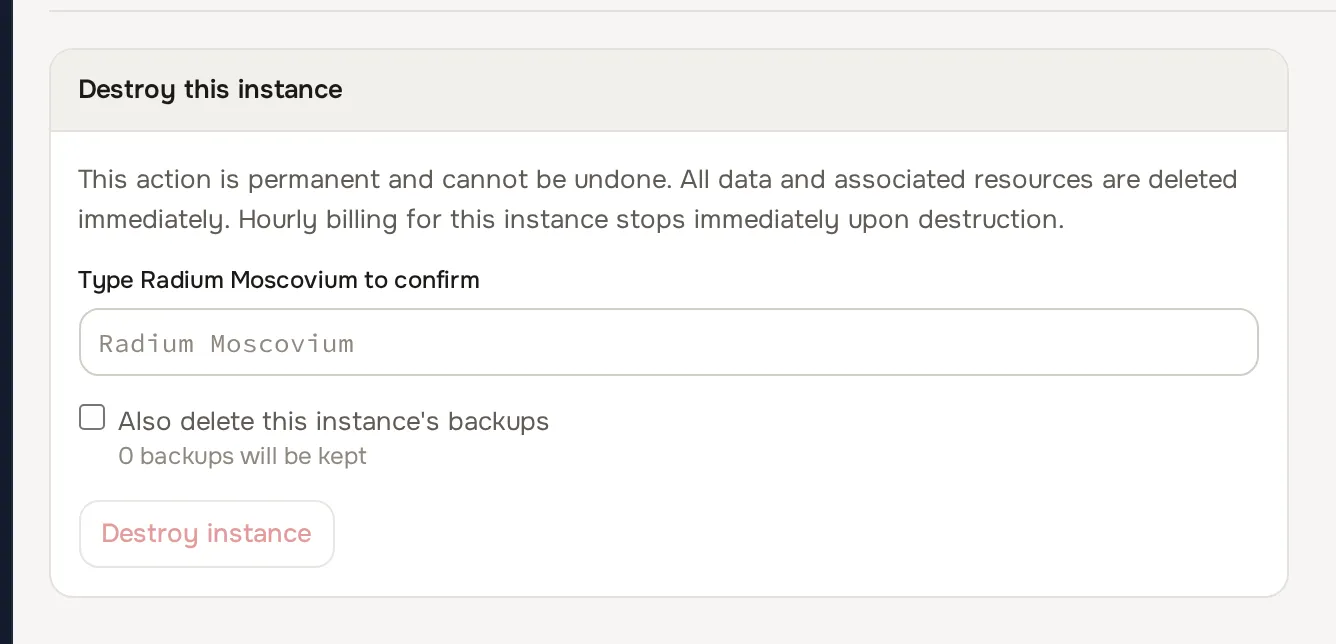Destroy instance dialog with the confirm-name field and the delete-backups checkbox