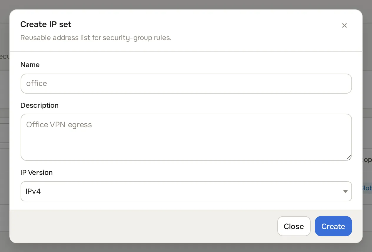 Create IP set dialog