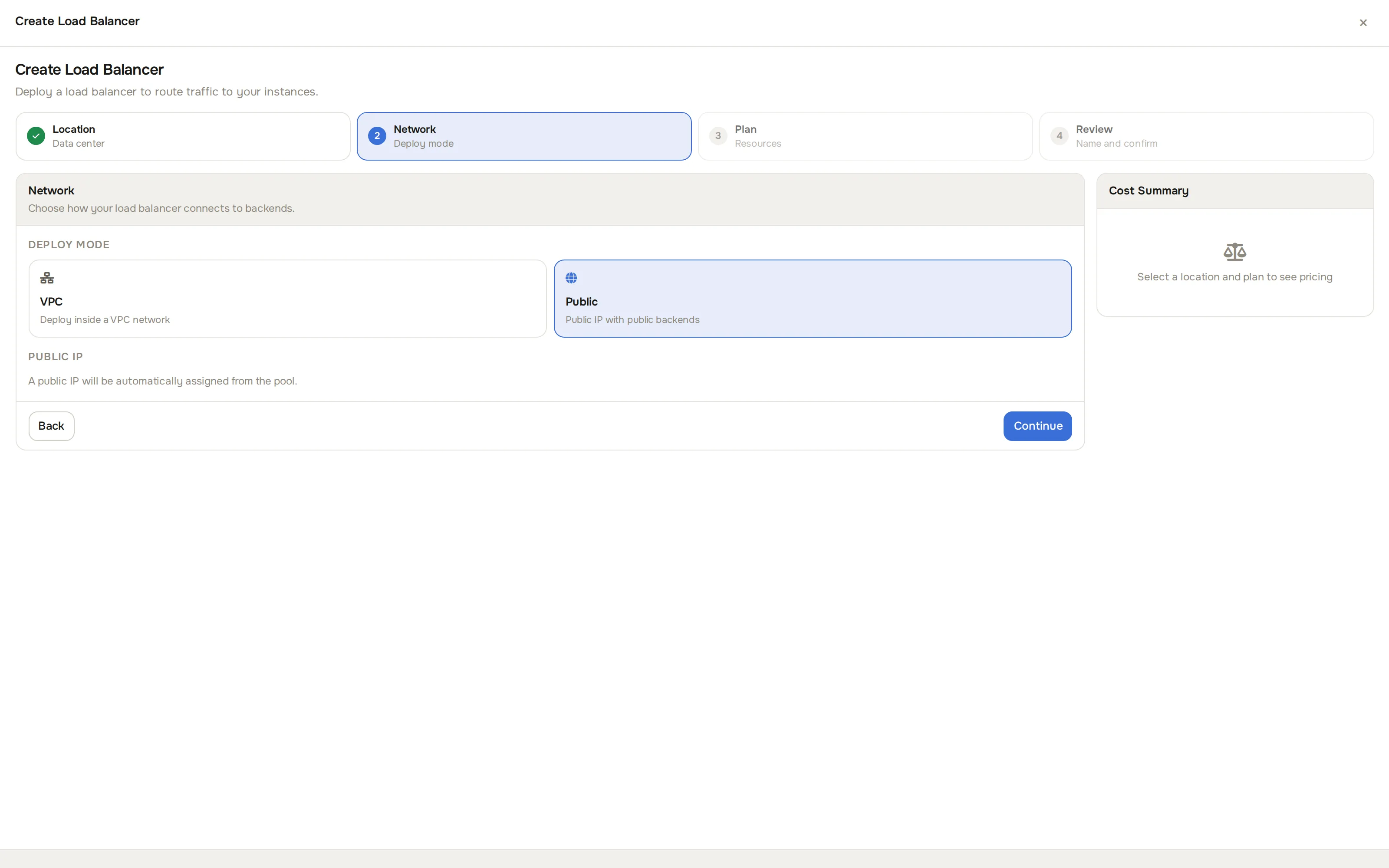 Network step with Public deploy mode selected