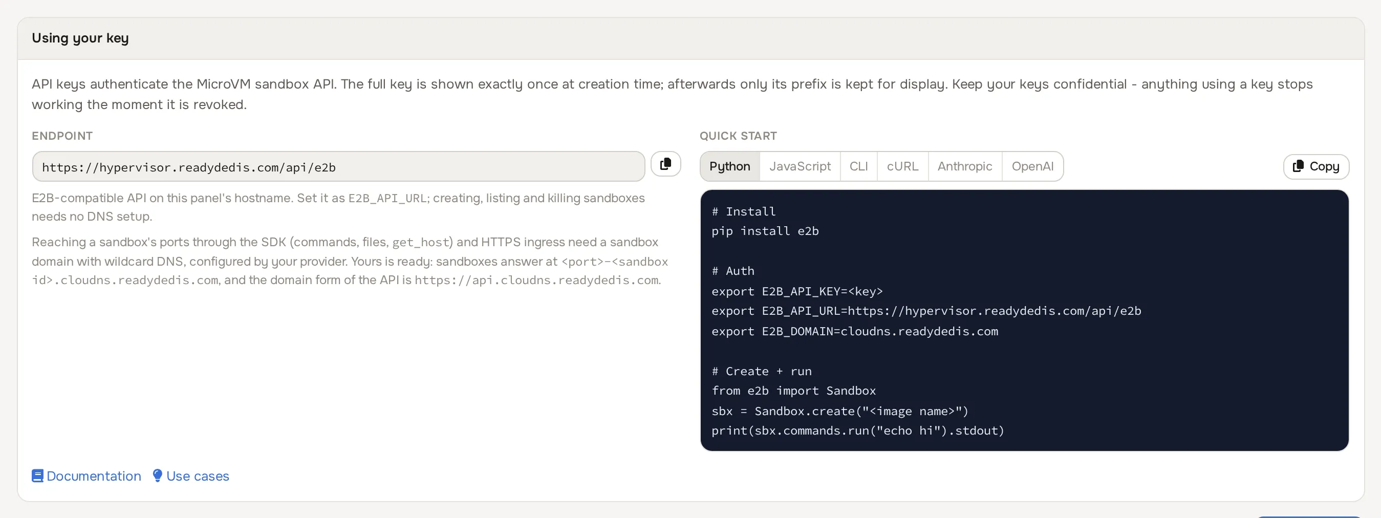 Using your key card with quick-start snippets