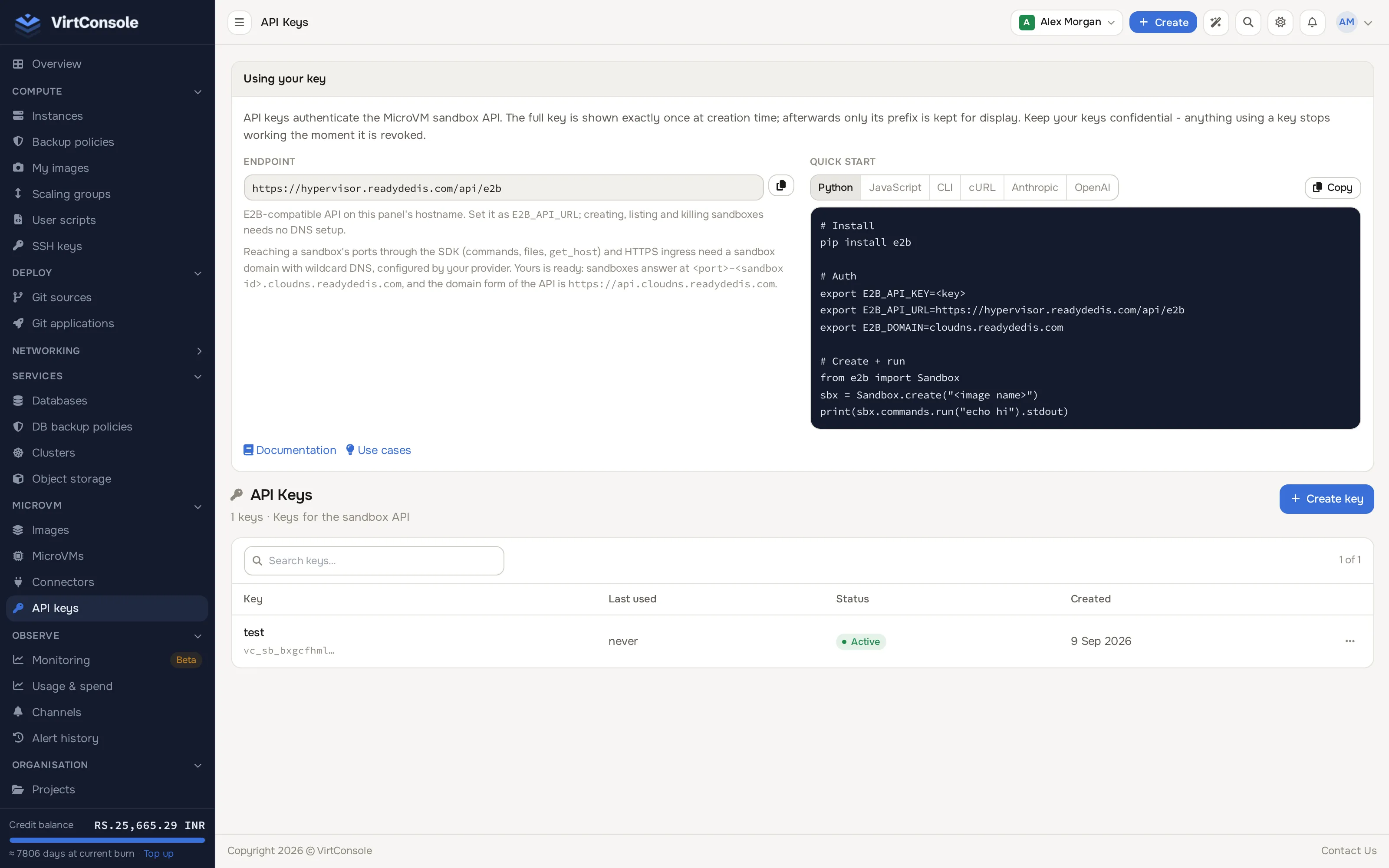 MicroVM API keys page