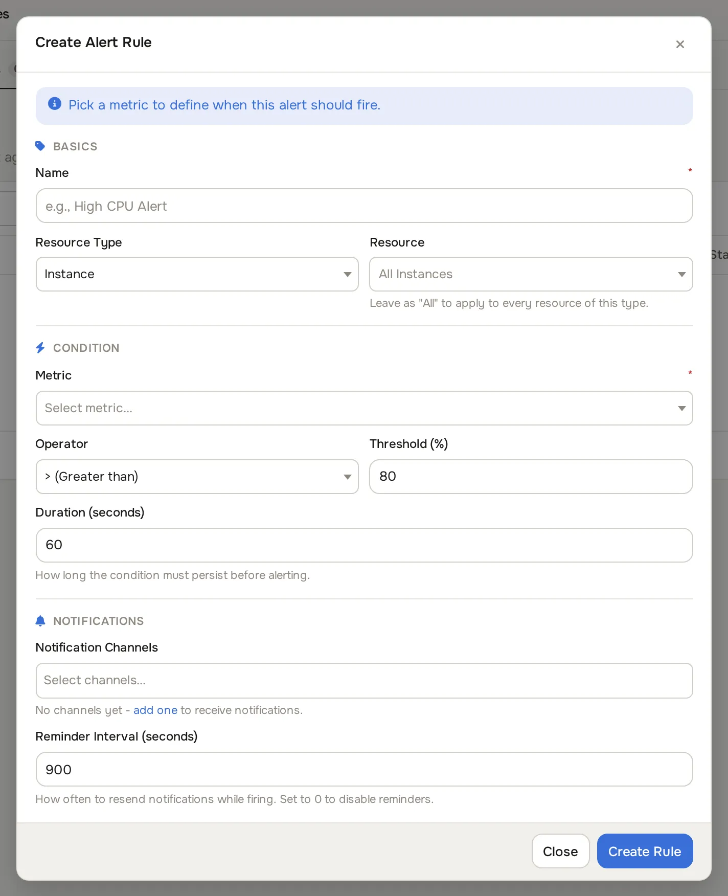 Create Alert Rule dialog