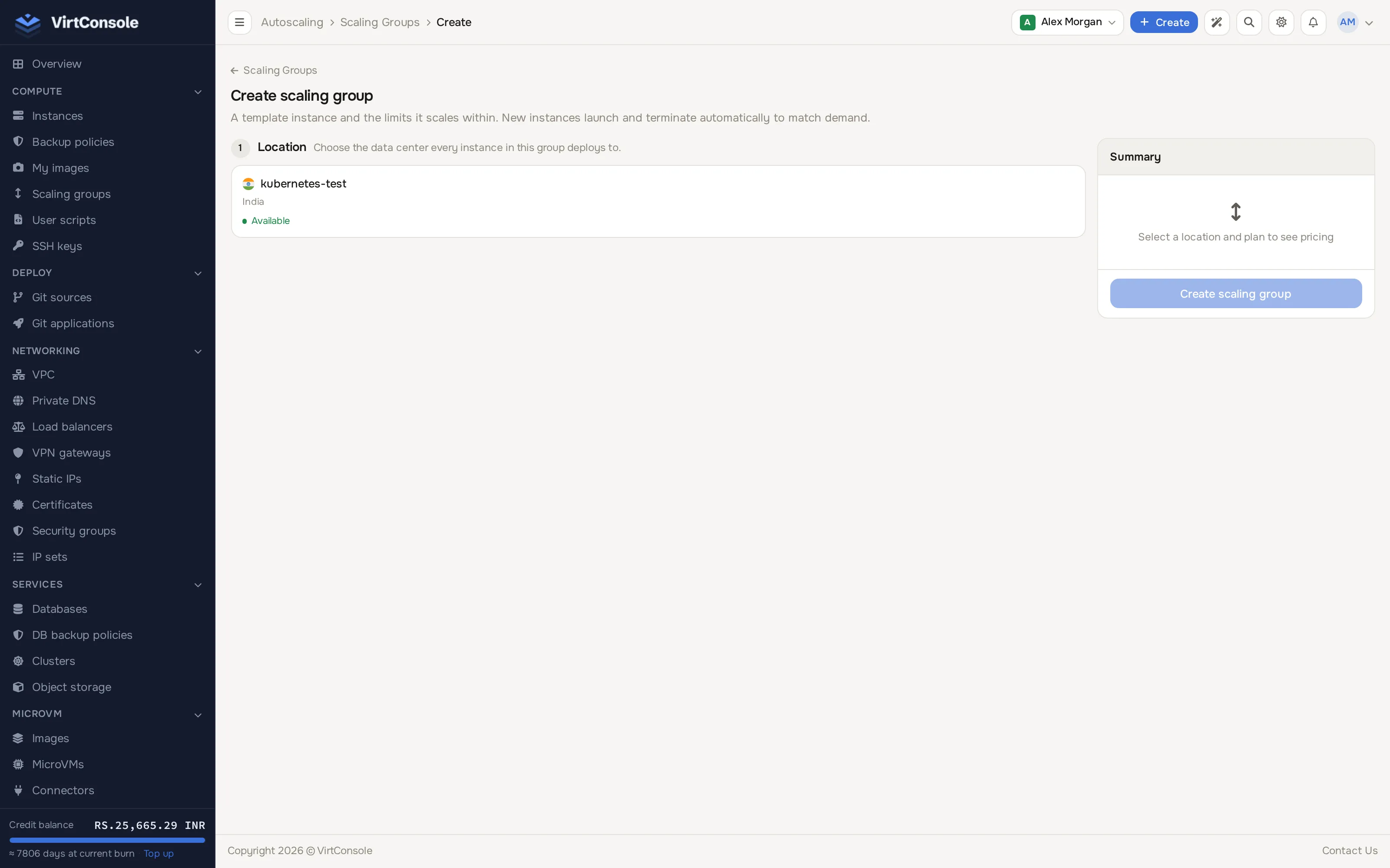 Create scaling group page, Location section