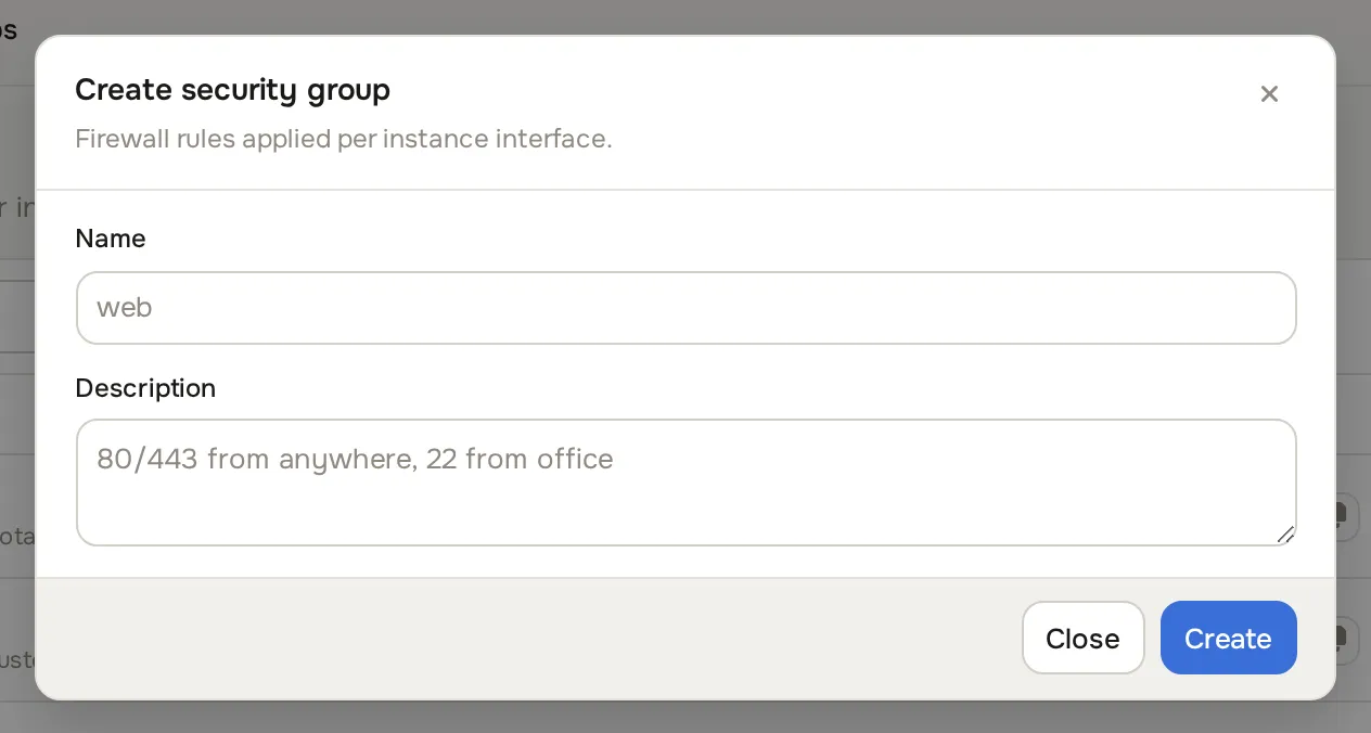Create security group dialog