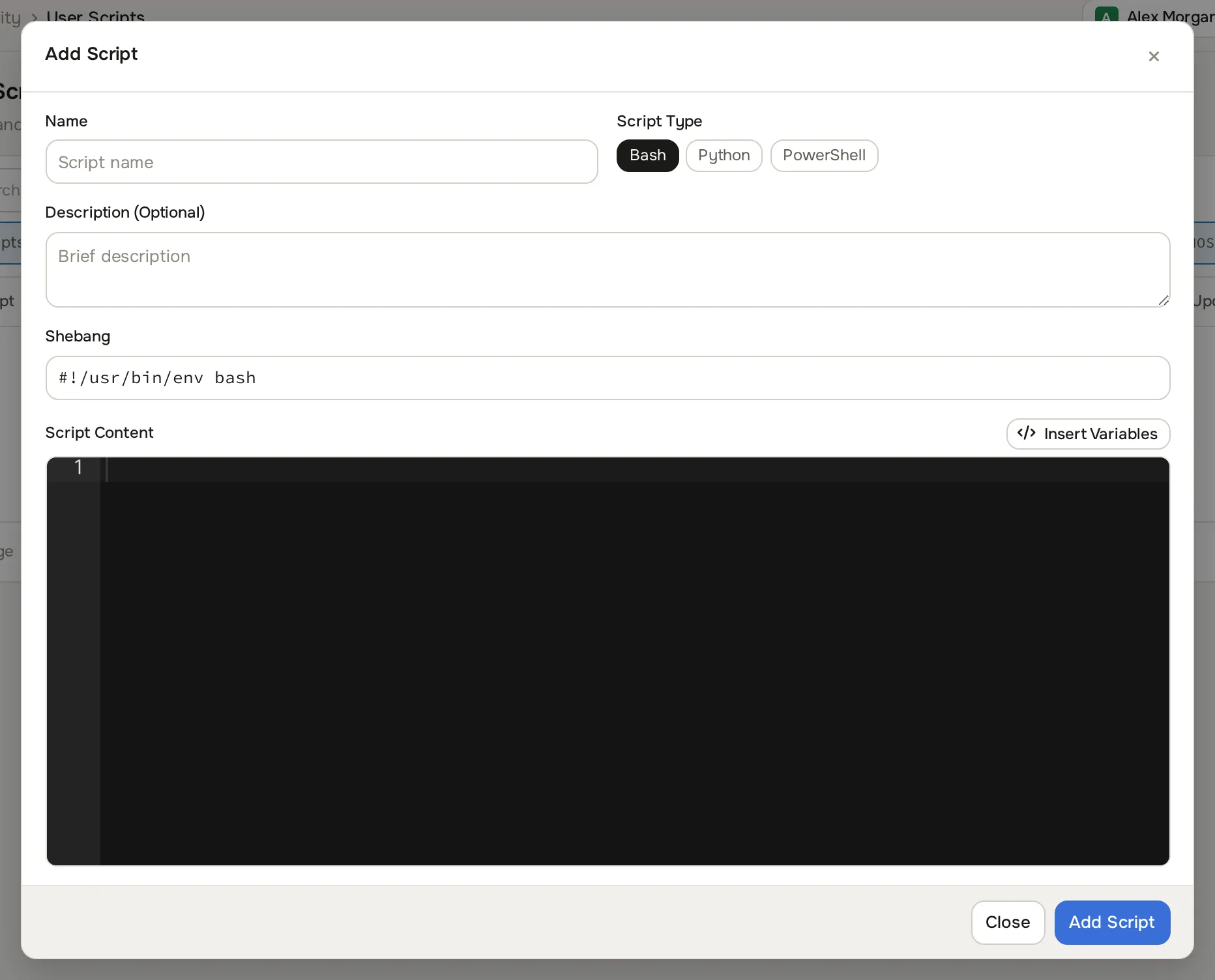 Add Script dialog