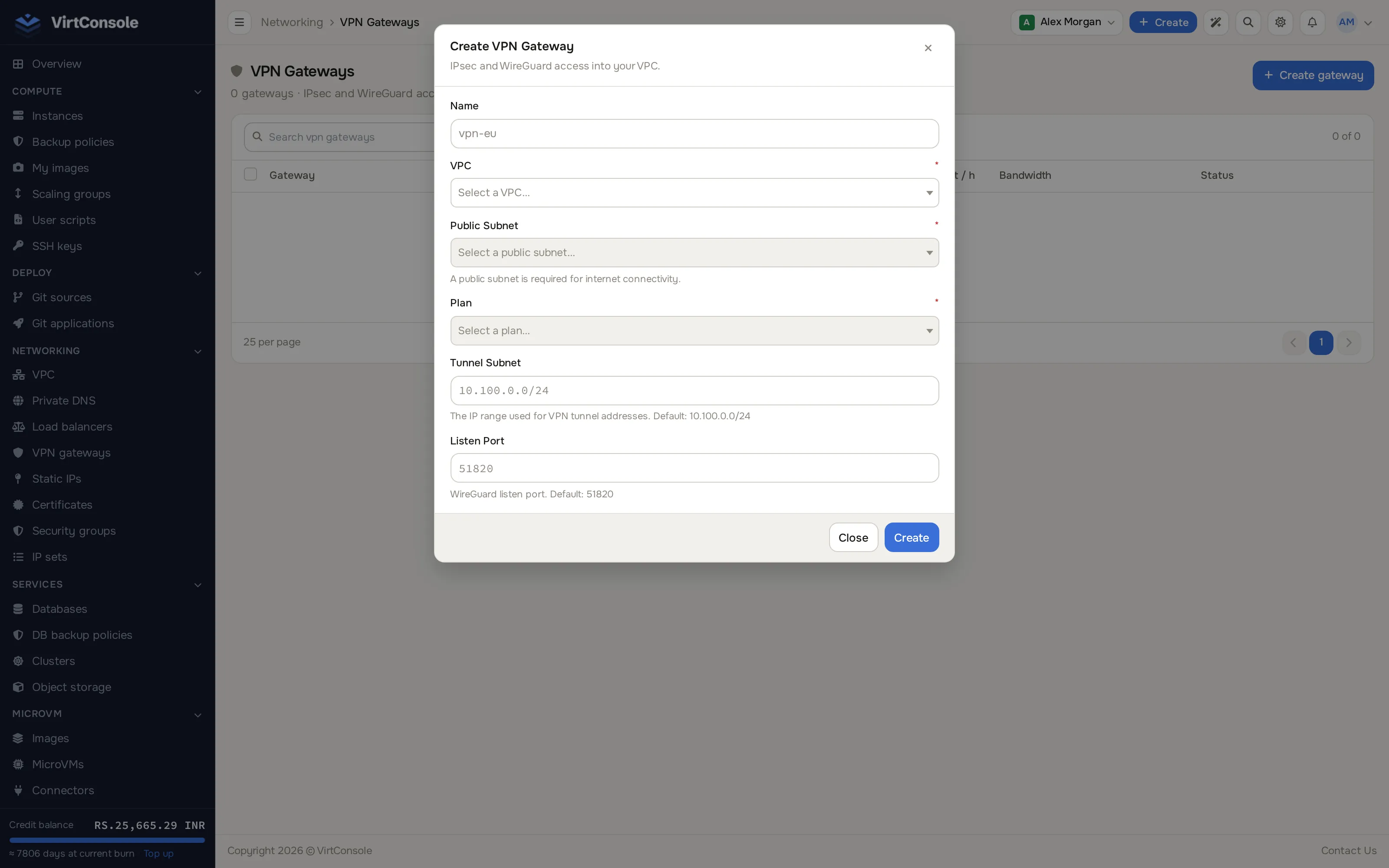 Create VPN Gateway dialog